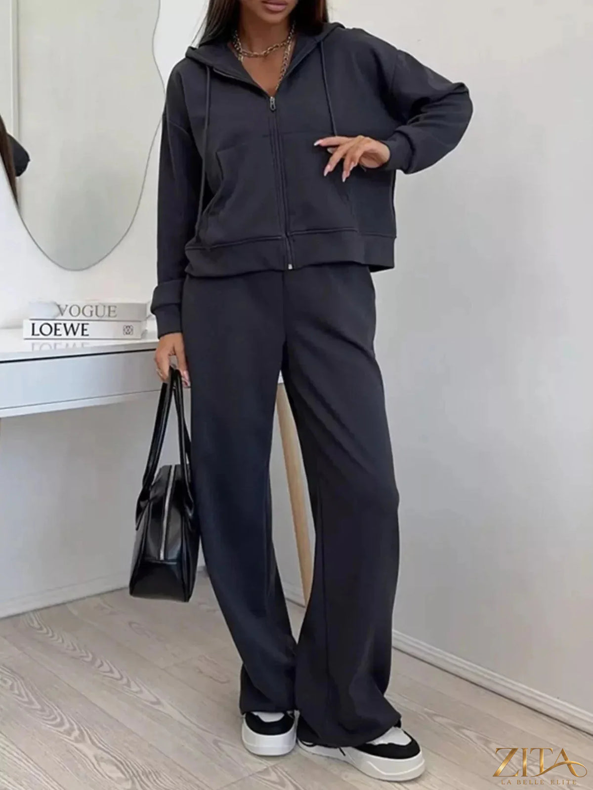 Zita La Belle Elite zip-up hoodie and wide-leg pants set, casual loungewear in soft fabric, shown on a model.
