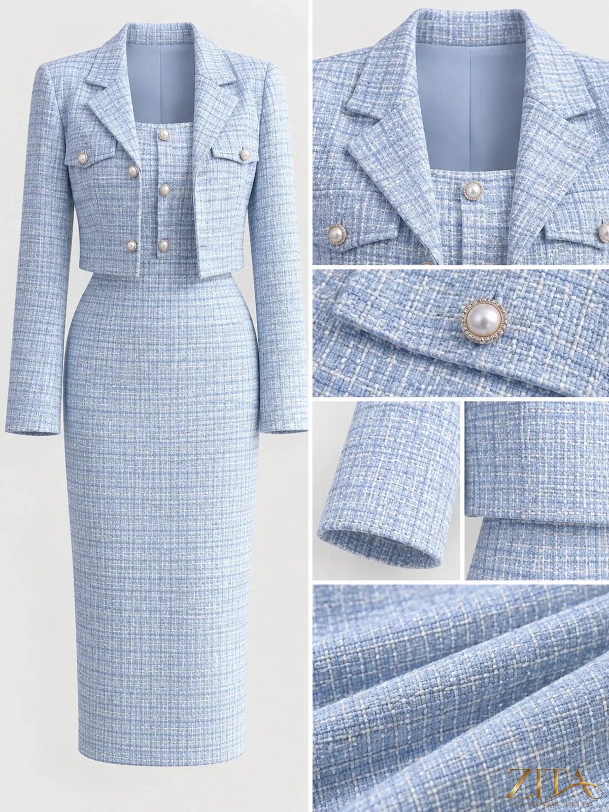Zita La Belle Elite tweed square neck dress and matching cardigan set displayed on a model, showcasing elegant style and textured fabric.