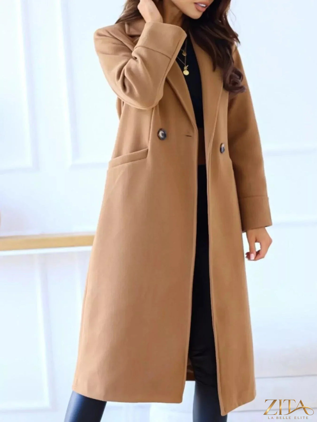 Zita La Belle Elite wool blend overcoat with lapel collar, showcasing a stylish, tailored outerwear design in the image.
