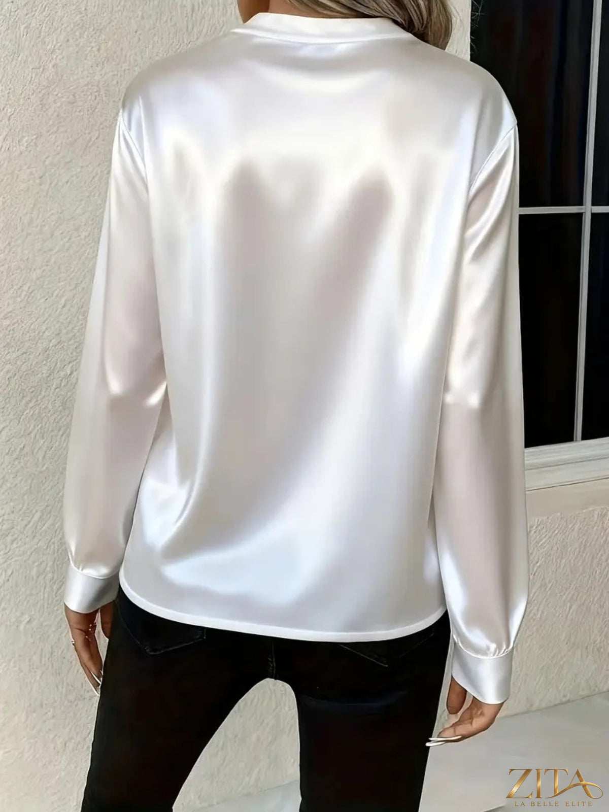Zita La Belle Elite satin notched long sleeve blouse in elegant design, shown with stylish collar and tailored fit.