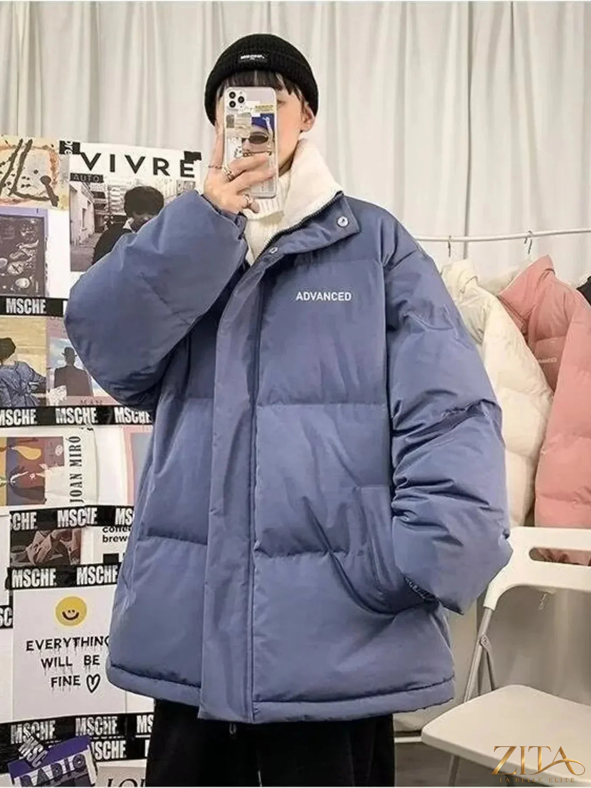 Men's plus size quilted snap-down puff jacket by Zita La Belle Elite, shown in a close-up displaying the quilted fabric and snap front.