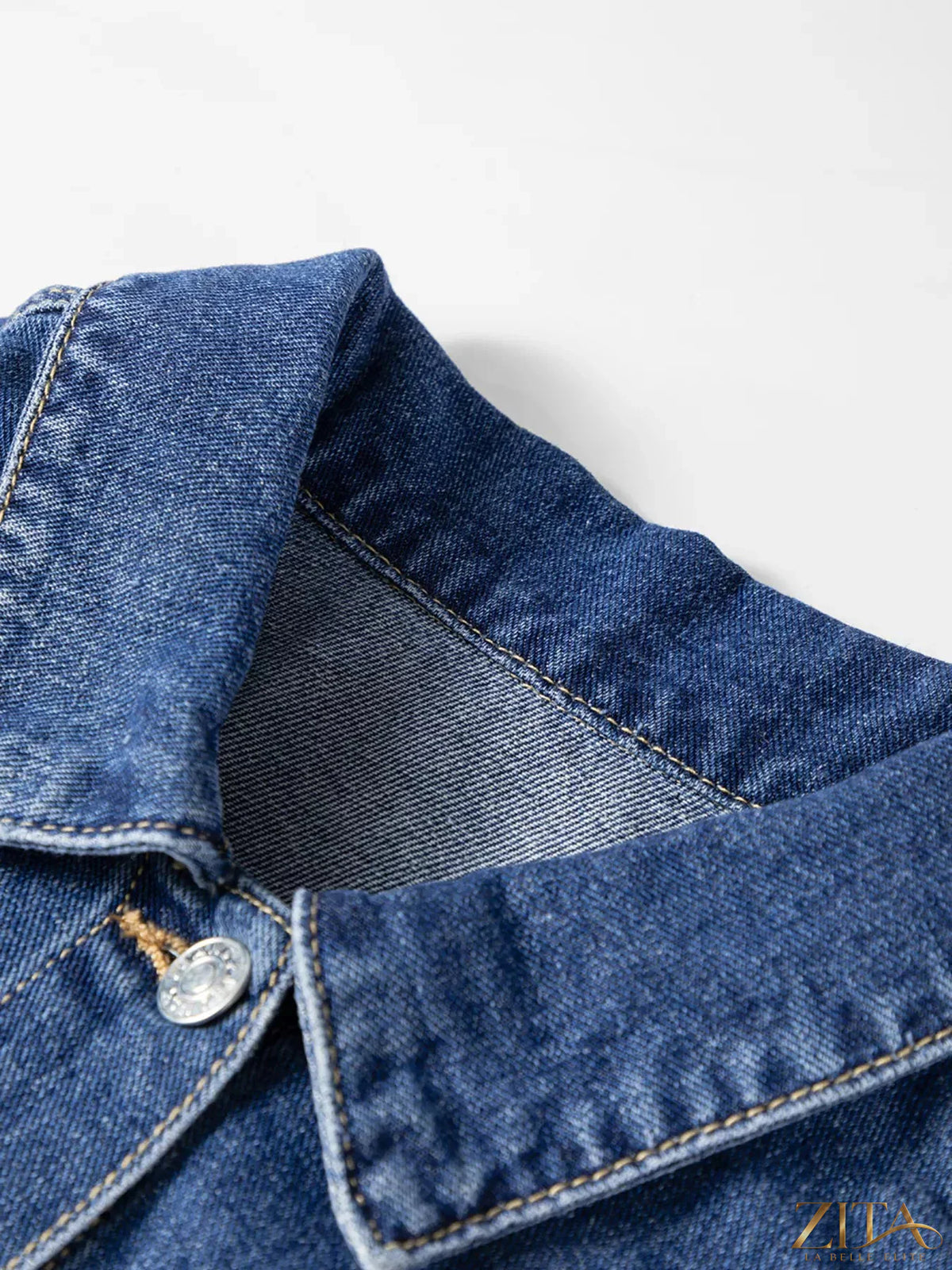 Color block patchwork raw hem denim jacket by Zita La Belle Elite, showcasing mixed fabric panels and distressed raw edges.
