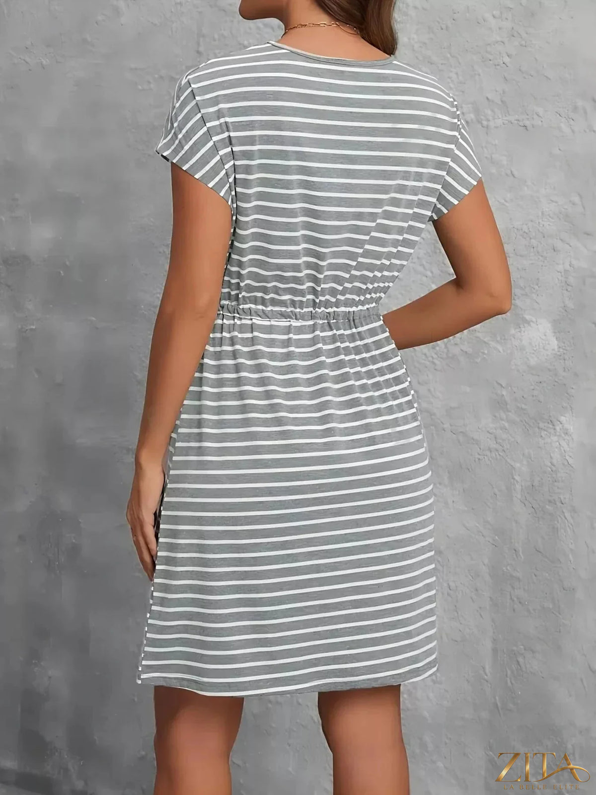 Casual Zita La Belle Elite striped drawstring waist dress with short sleeves and a relaxed fit, perfect for everyday wear.