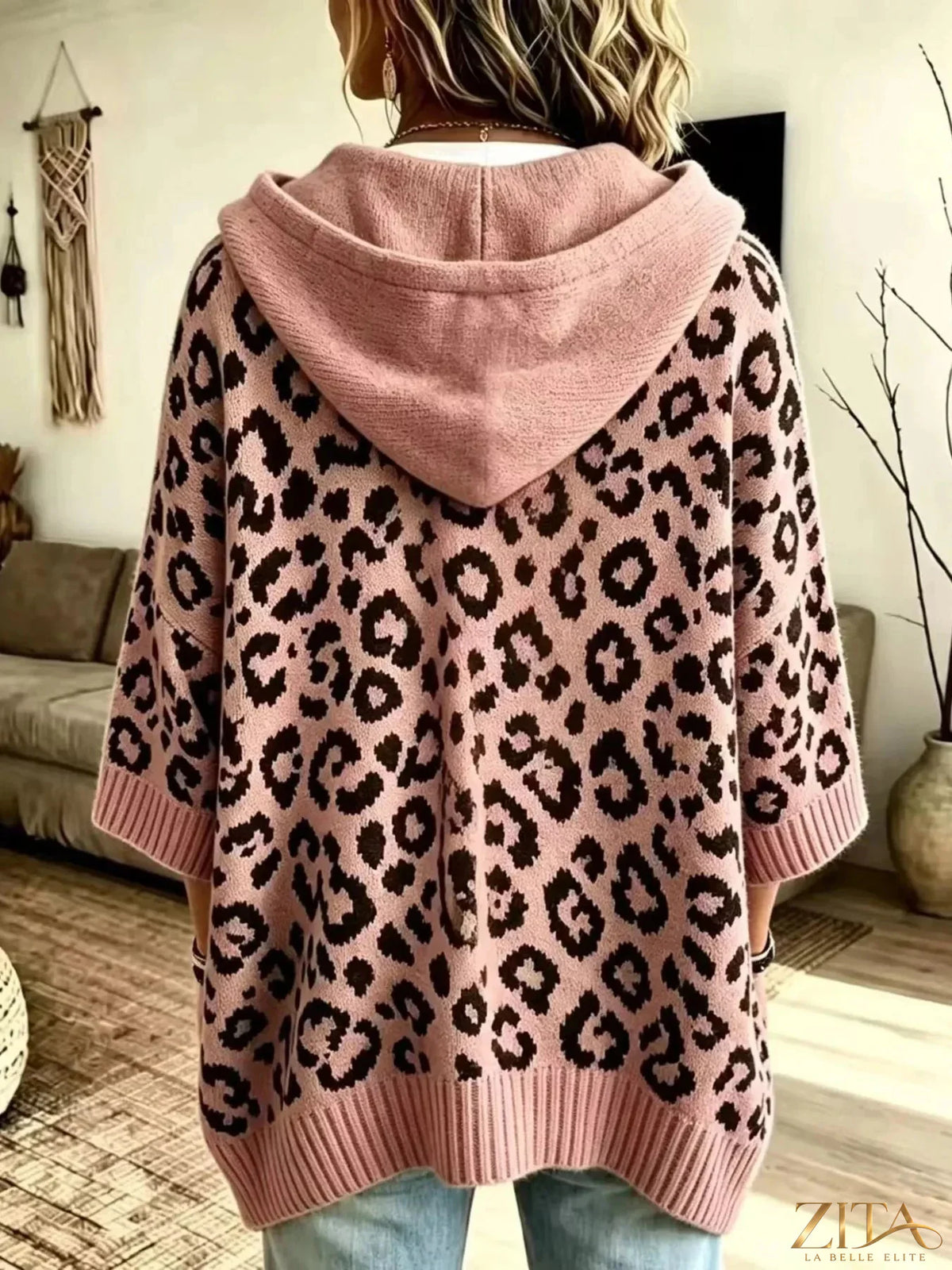 Zita La Belle Elite leopard print hooded sweater with drawstring, soft fabric and casual style, shown on a model.