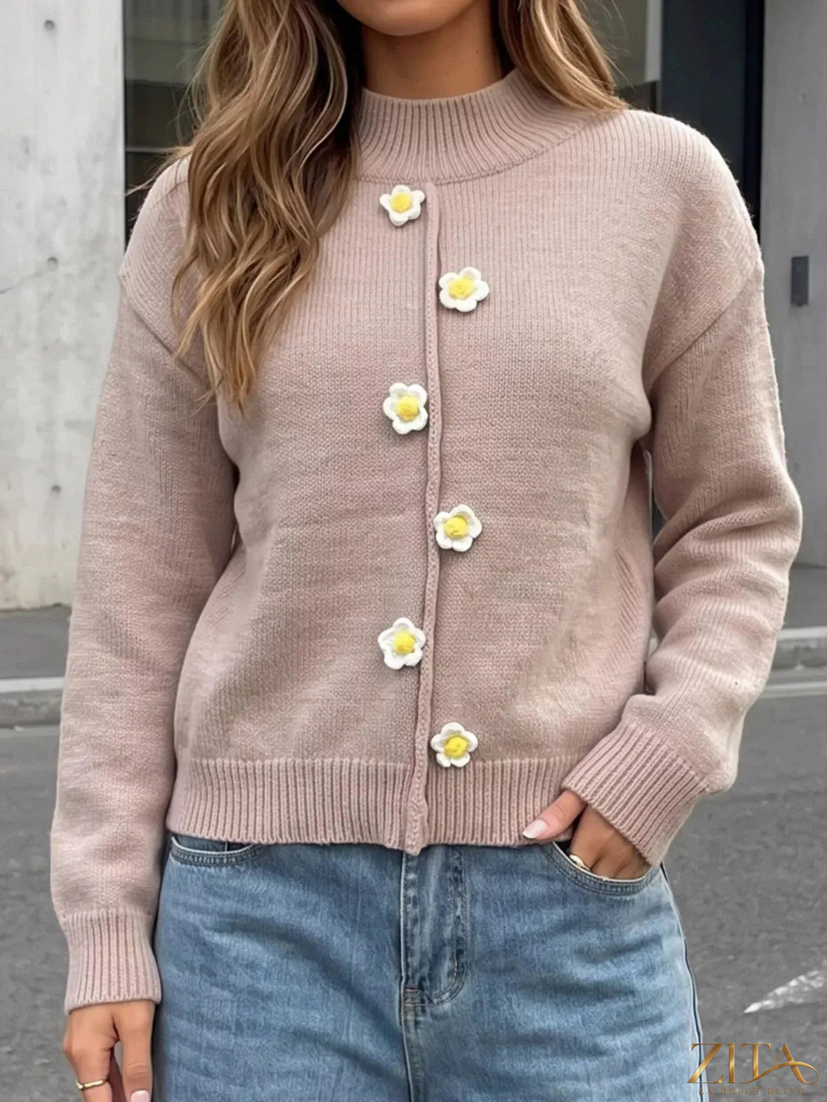 Zita La Belle Elite floral applique turtleneck sweater featuring intricate floral embroidery on a cozy knit fabric.
