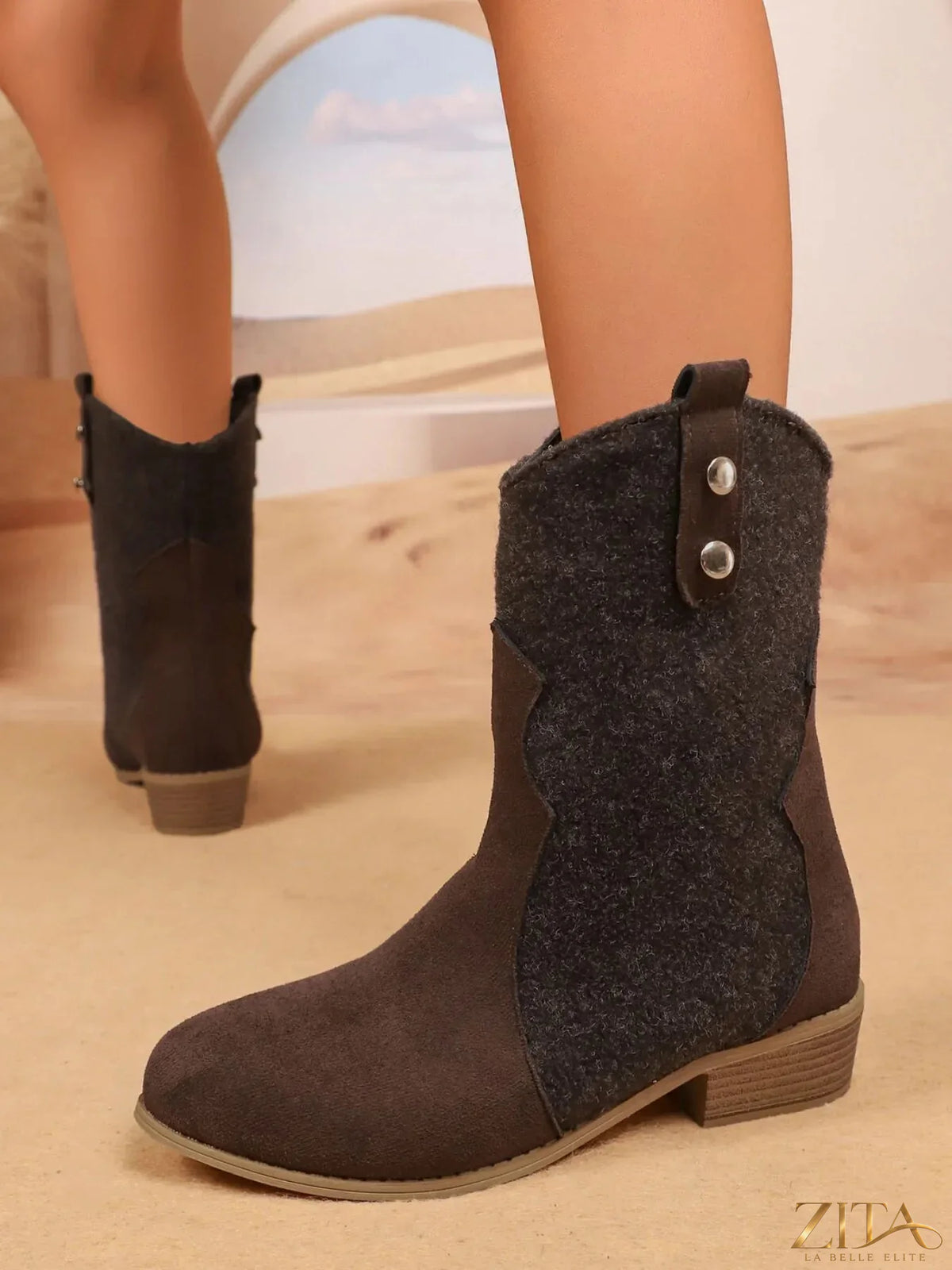 Mid-calf Western boots with block heels from Trendsi featuring leather material and classic Western styling.
