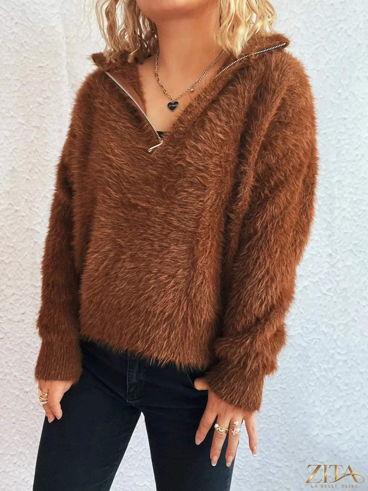 Zita La Belle Elite cozy fuzzy half-zip sweater in soft material, shown in beige with a relaxed fit and ribbed cuffs.