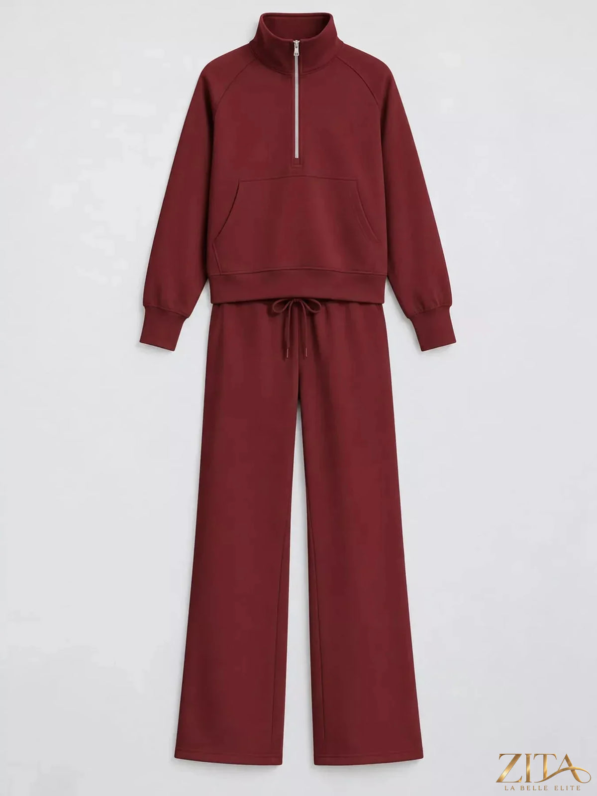 Zita La Belle Elite half-zip sweatshirt and wide-leg pants set, black, casual loungewear styled for comfort and modern fashion.