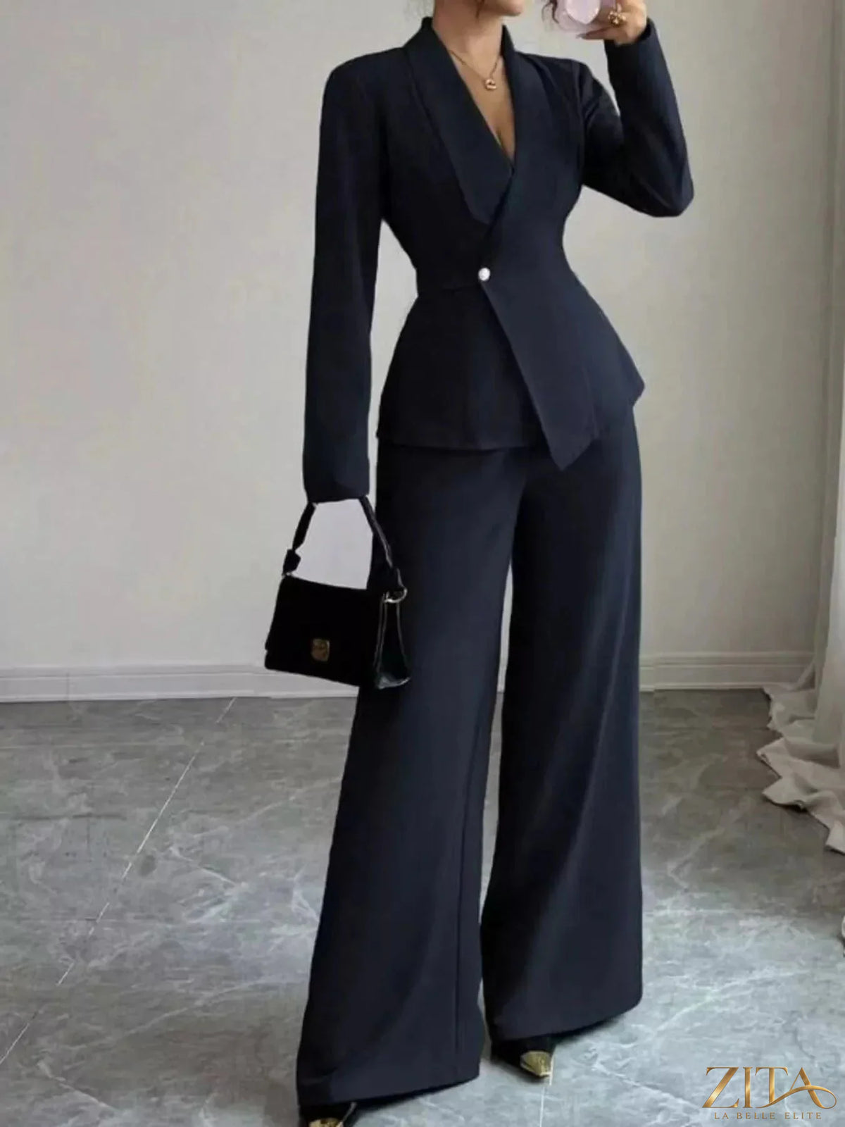 Zita La Belle Elite one button blazer and matching pants set, tailored fit, in neutral fabric, shown on a model.