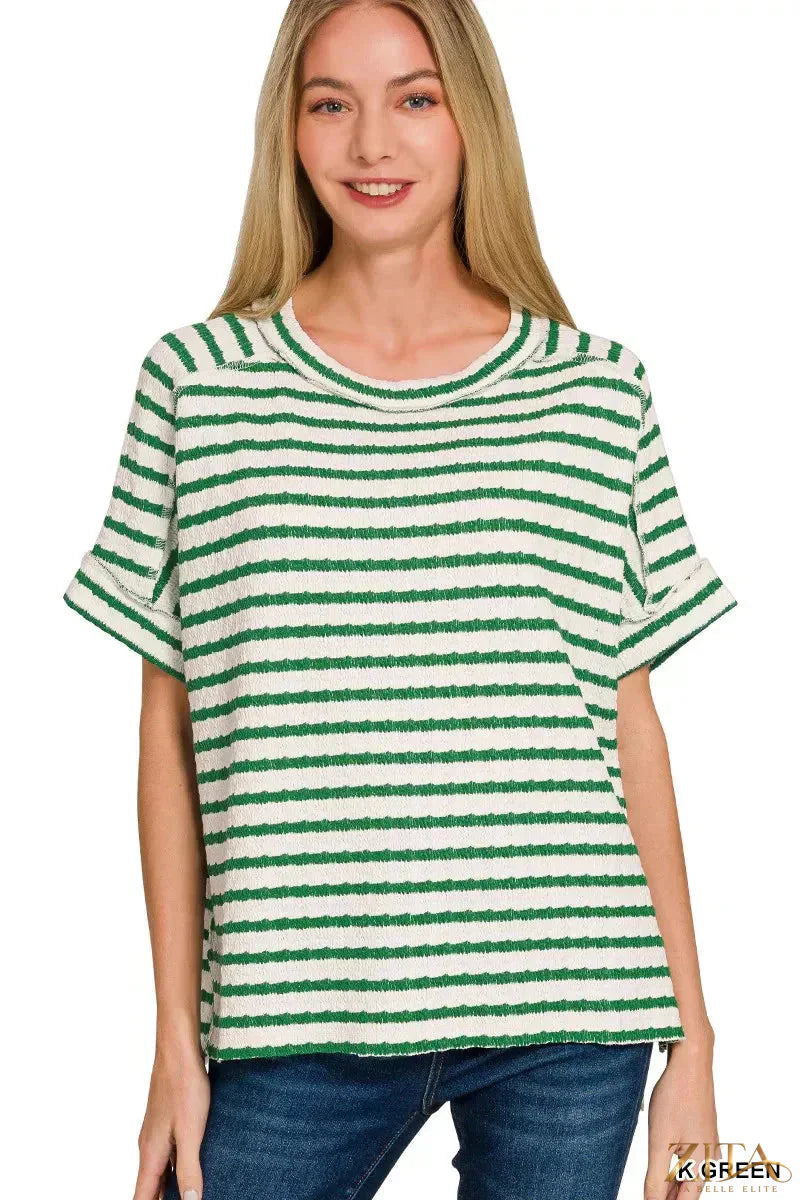 Zenana stripe jacquard round-neck tee with textured pattern, casual fit, in neutral tones, styled on a model.
