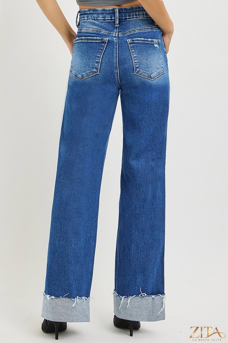 Zita La Belle Elite RISEN high-rise wide-leg jeans with cuffed hem, denim fabric, and relaxed fit, street style fashion.