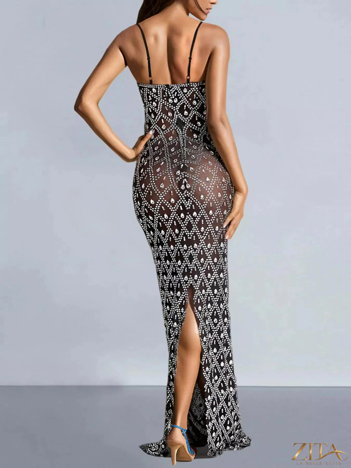 Glamorous rhinestone-embellished sheer mesh maxi dress by Zita La Belle Elite, featuring intricate detailing and elegant flow.
