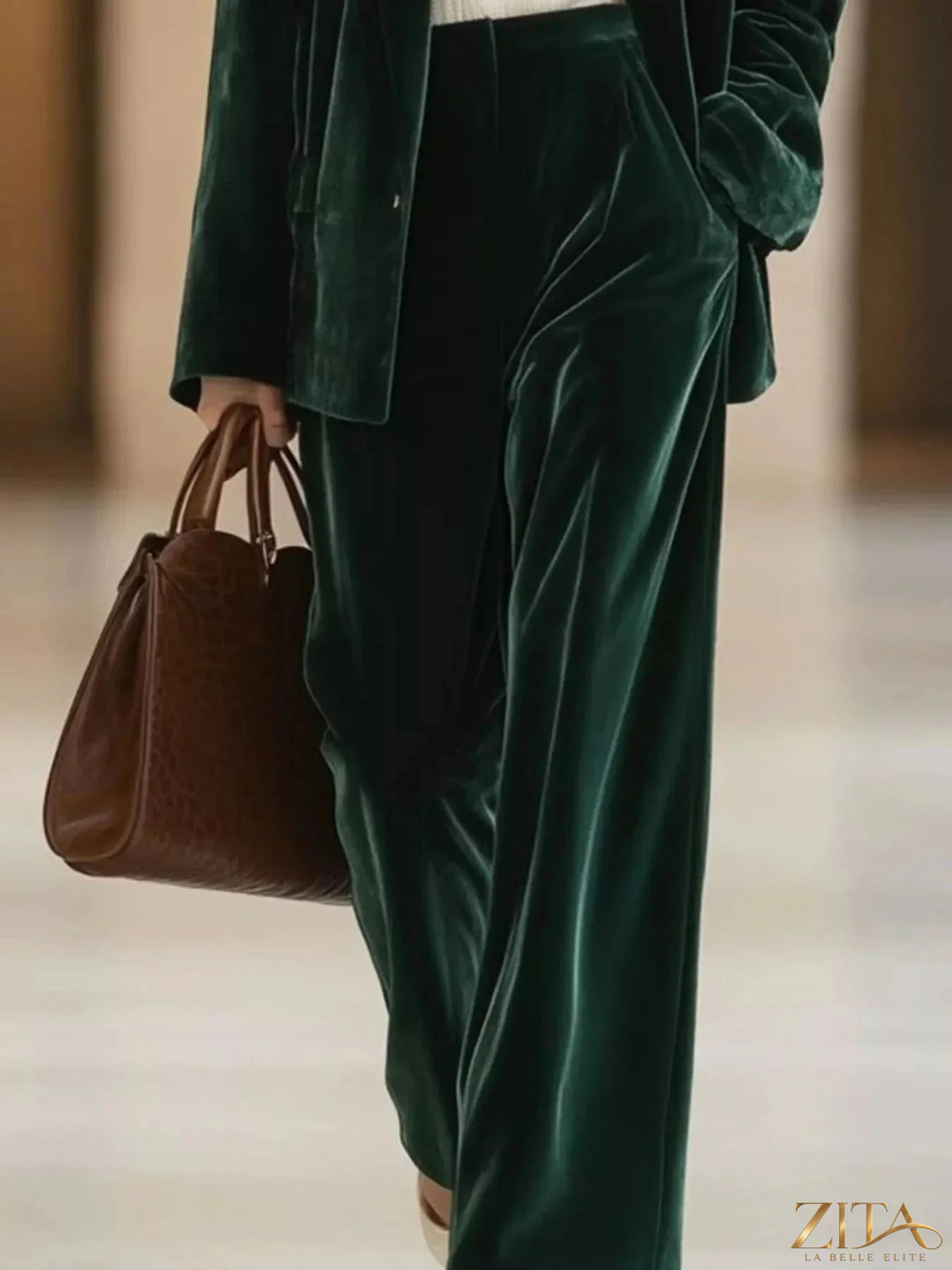 Zita La Belle Elite velvet blazer and wide-leg pants two-piece set, featuring a stylish tailored fit in rich velvet fabric.
