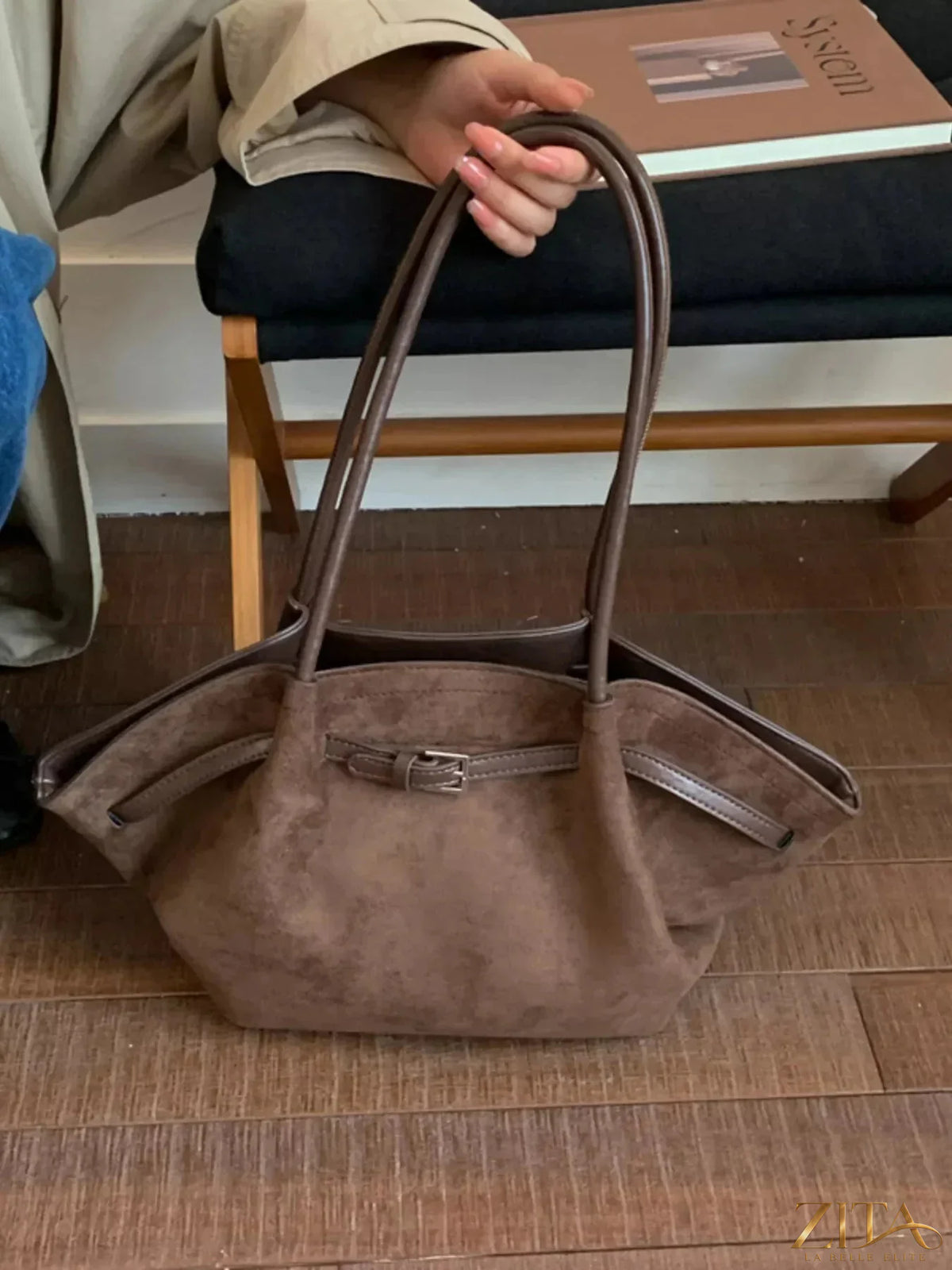 Zita La Belle Elite solid color buckle tote bag with top handles and front buckle detail, lightweight and stylish for everyday use.