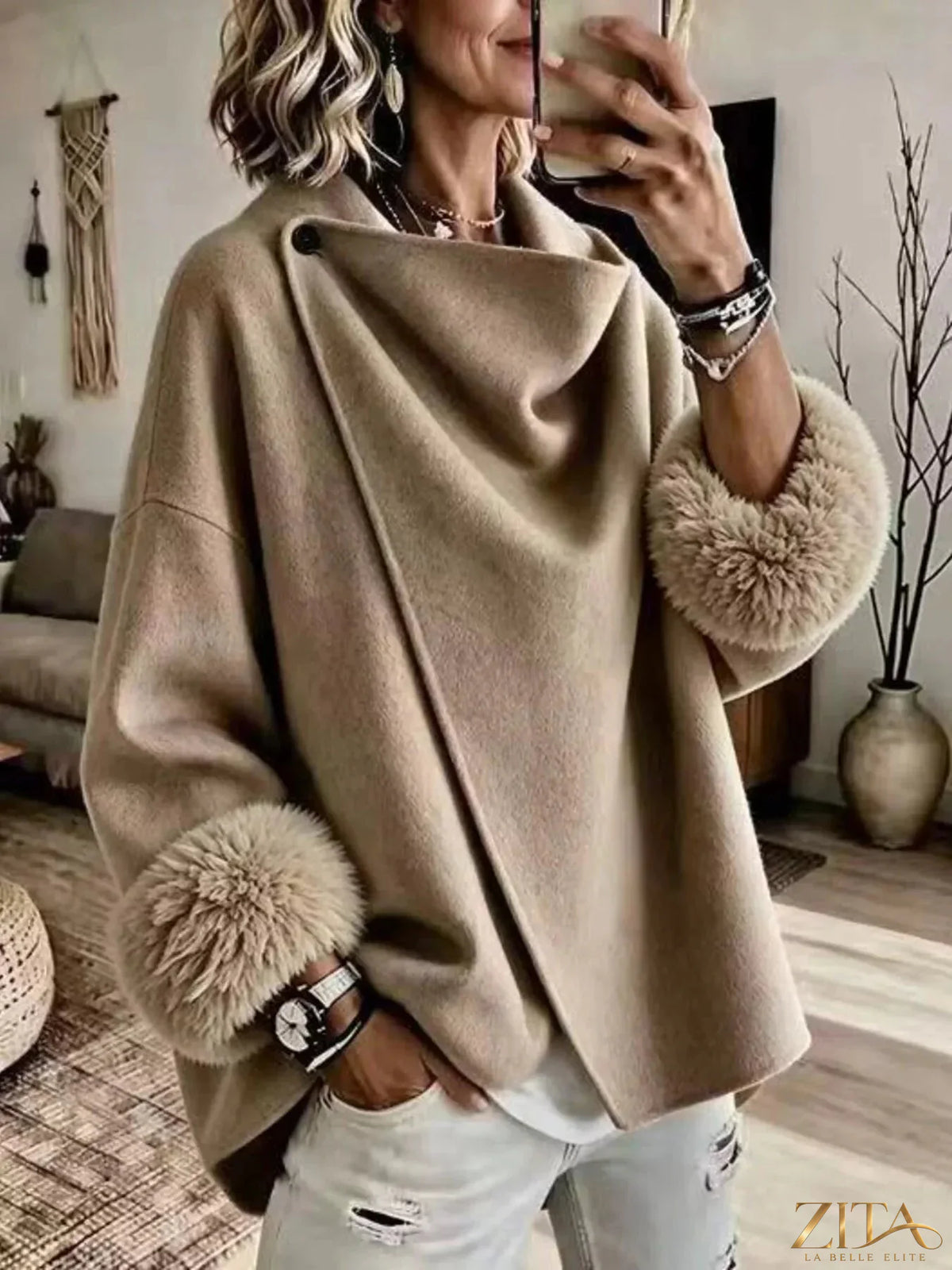 Plus size full-length outerwear with asymmetric faux fur cuffs by Zita La Belle Elite, stylish and elegant for cold weather.