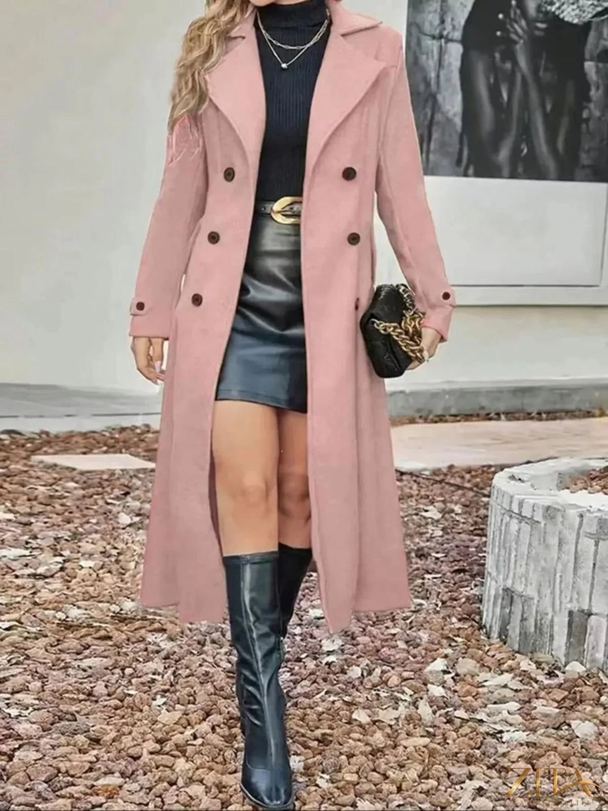 Plus size Zita La Belle Elite double-breasted longline trench coat with classic collar and belt, stylish and warm for cooler weather.