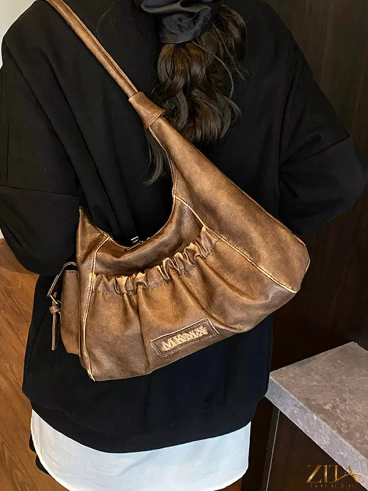 Vintage Zita La Belle Elite ruched hobo shoulder bag with a soft, slouched design and comfortable shoulder strap.