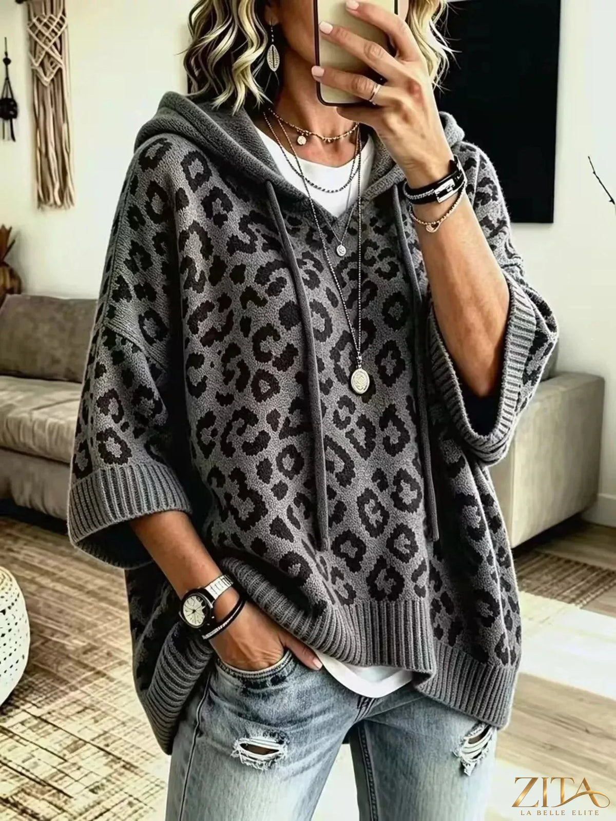 Zita La Belle Elite leopard print hooded sweater with drawstring, cozy casual style, front view showing the hood and leopard pattern.