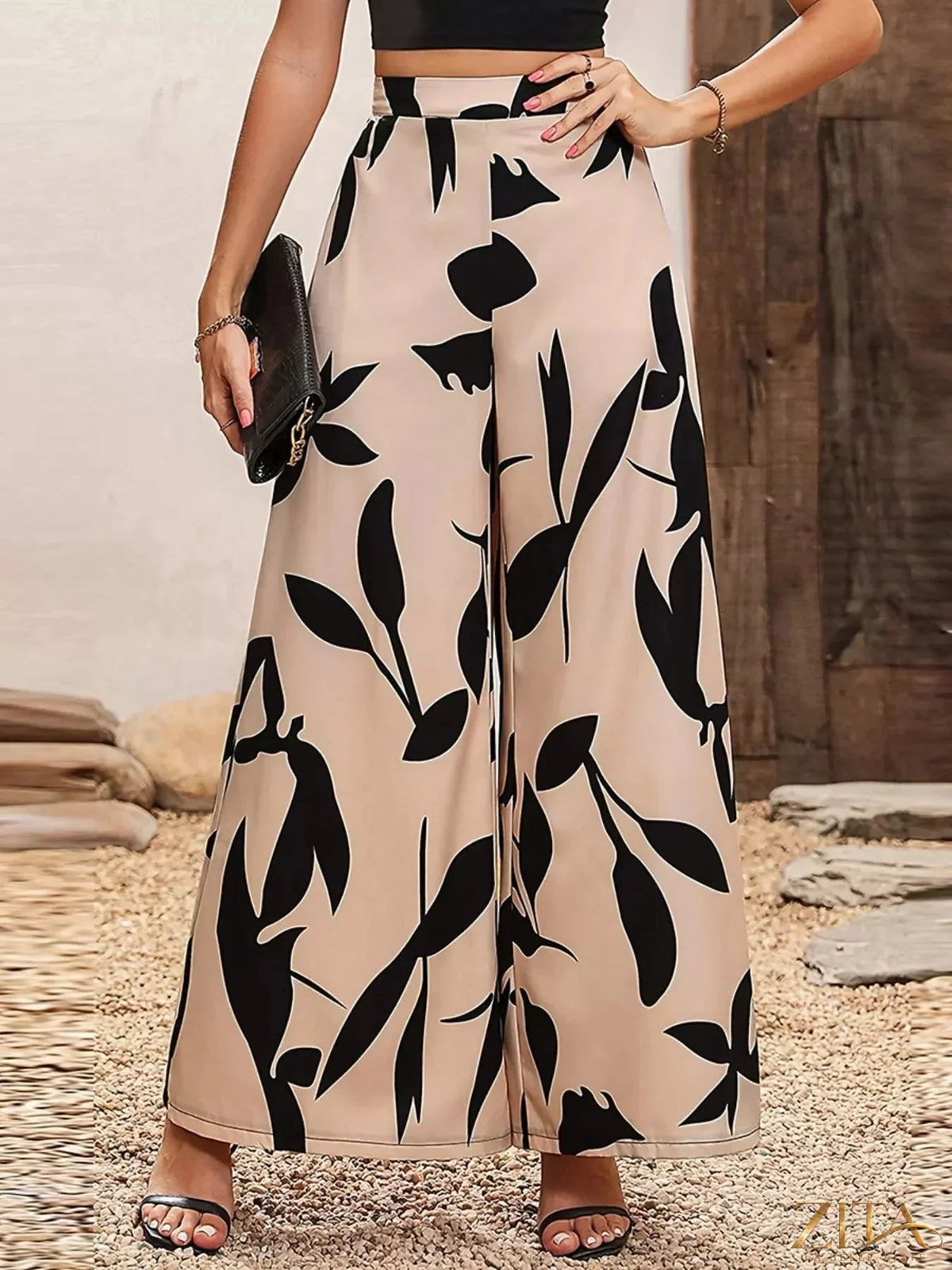 Zita La Belle Elite printed wide leg pants with floral pattern, high waist, and flowing fabric for a stylish, comfortable look.