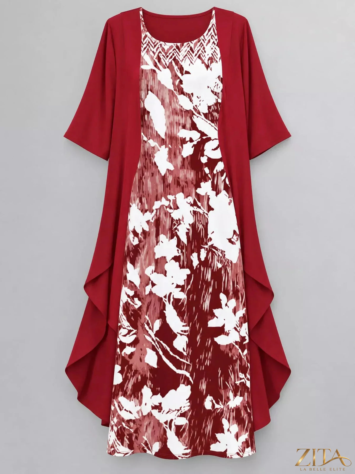 Plus size floral print midi dress and chiffon cardigan set by Zita La Belle Elite, featuring a colorful floral pattern and comfortable fit.