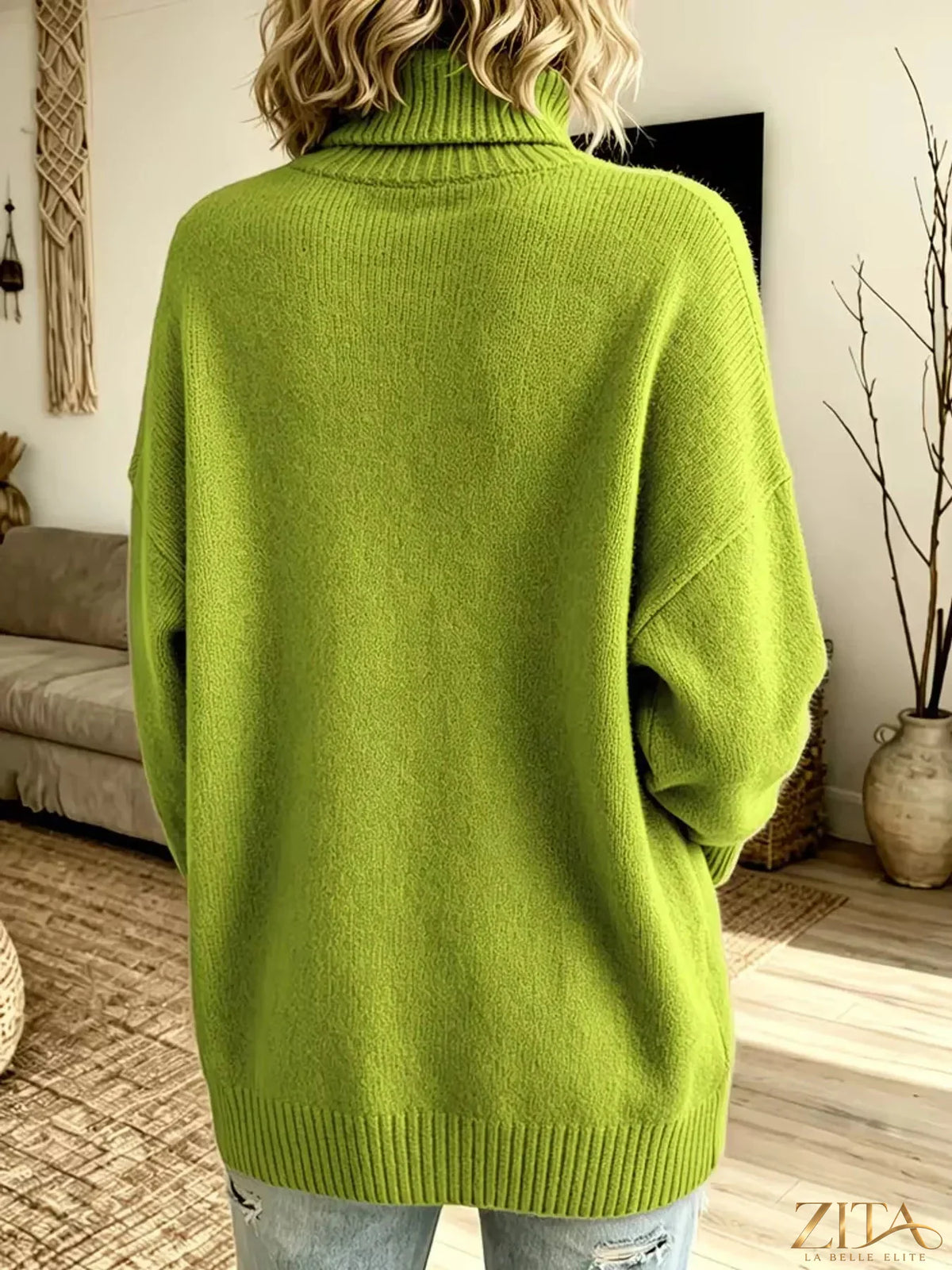 Zita La Belle Elite turtleneck dropped shoulder sweater in soft knit fabric, showcasing a cozy, stylish fit with ribbed cuffs and hem.