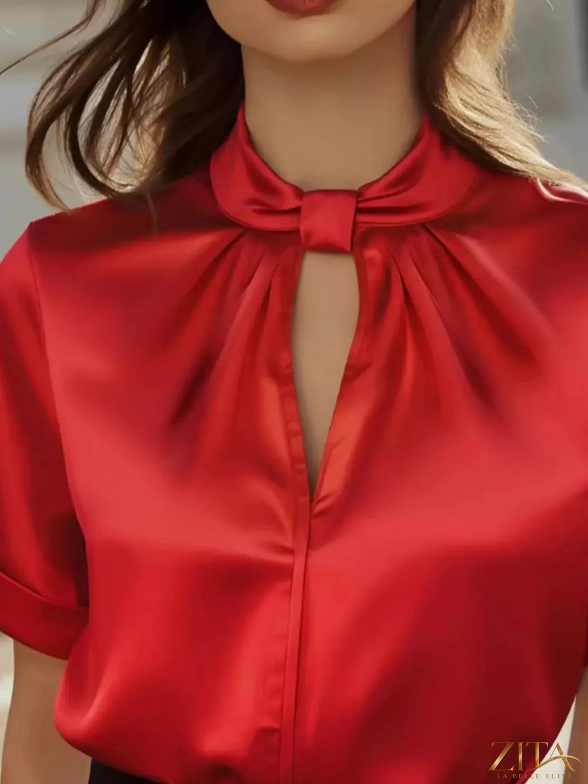 Zita La Belle Elite satin keyhole short sleeve blouse in elegant fabric with a stylish keyhole neckline and short sleeves.
