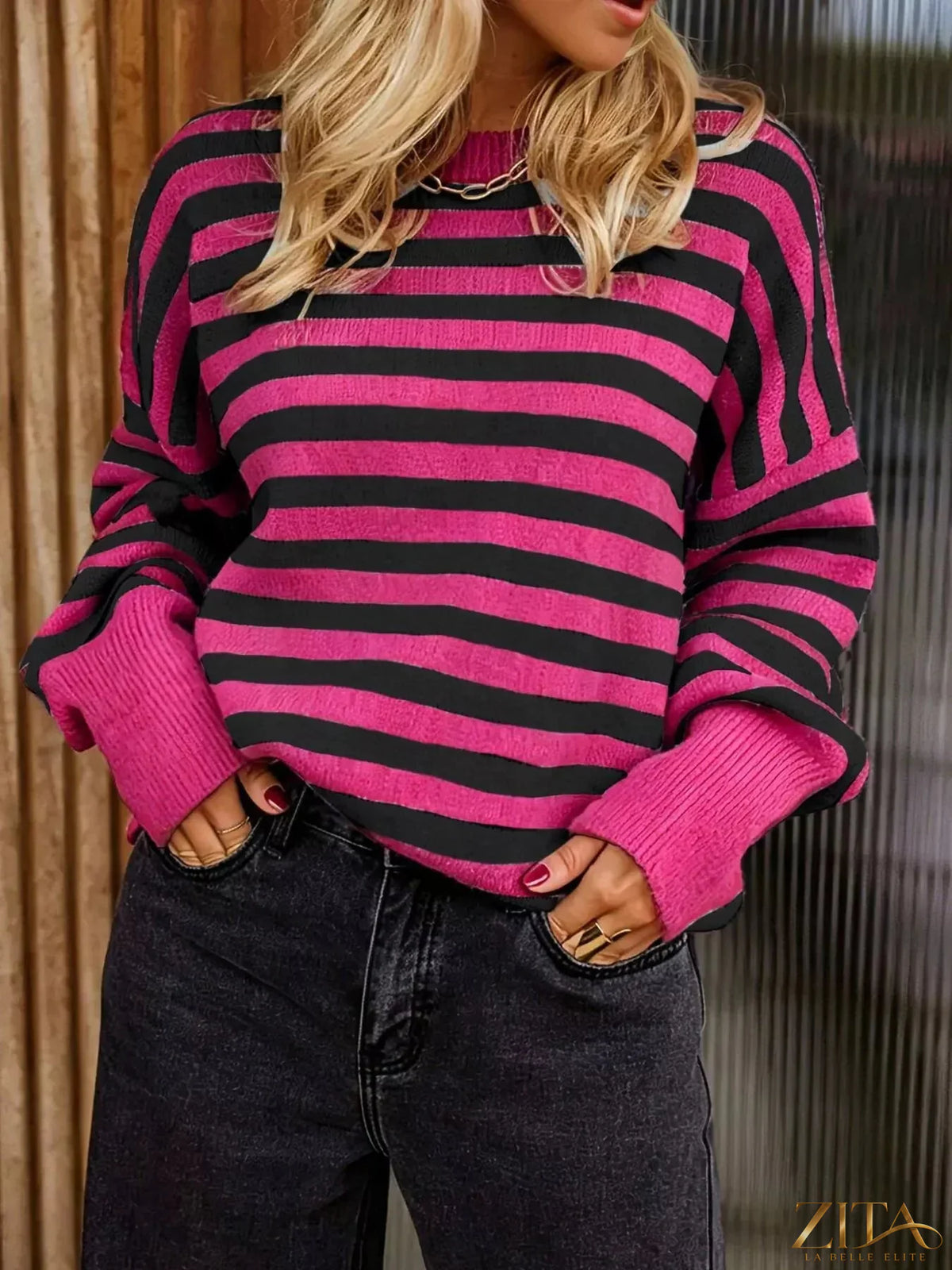 Trendsi striped crew neck sweater featuring horizontal multicolor stripes, soft knit fabric, and a comfortable fit.