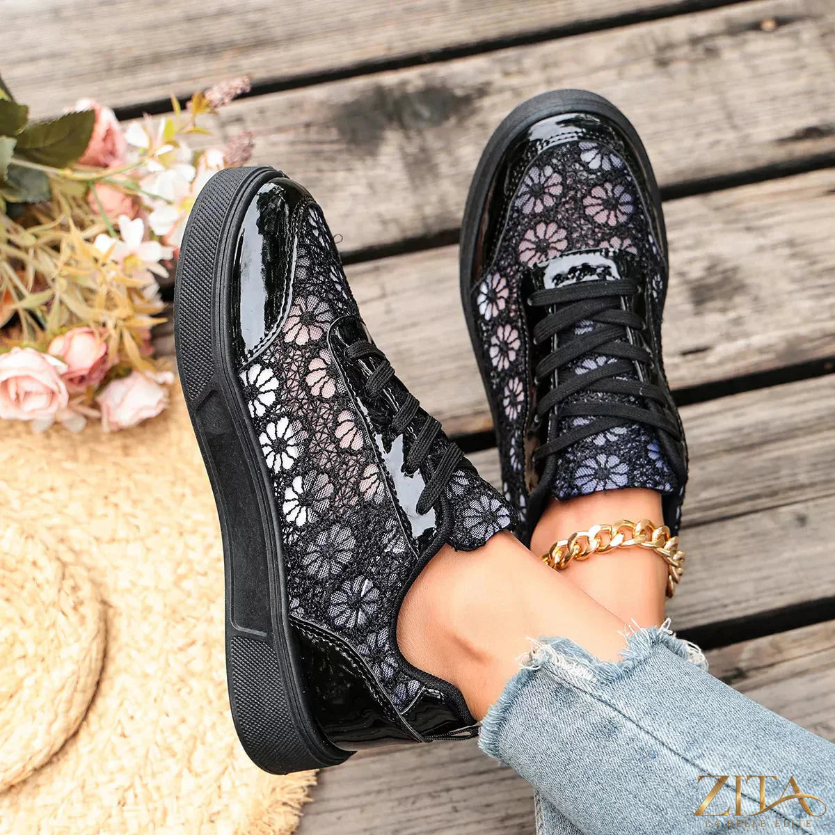 Zita La Belle Elite round toe lace sneakers featuring white canvas material and white rubber soles displayed on a neutral background.