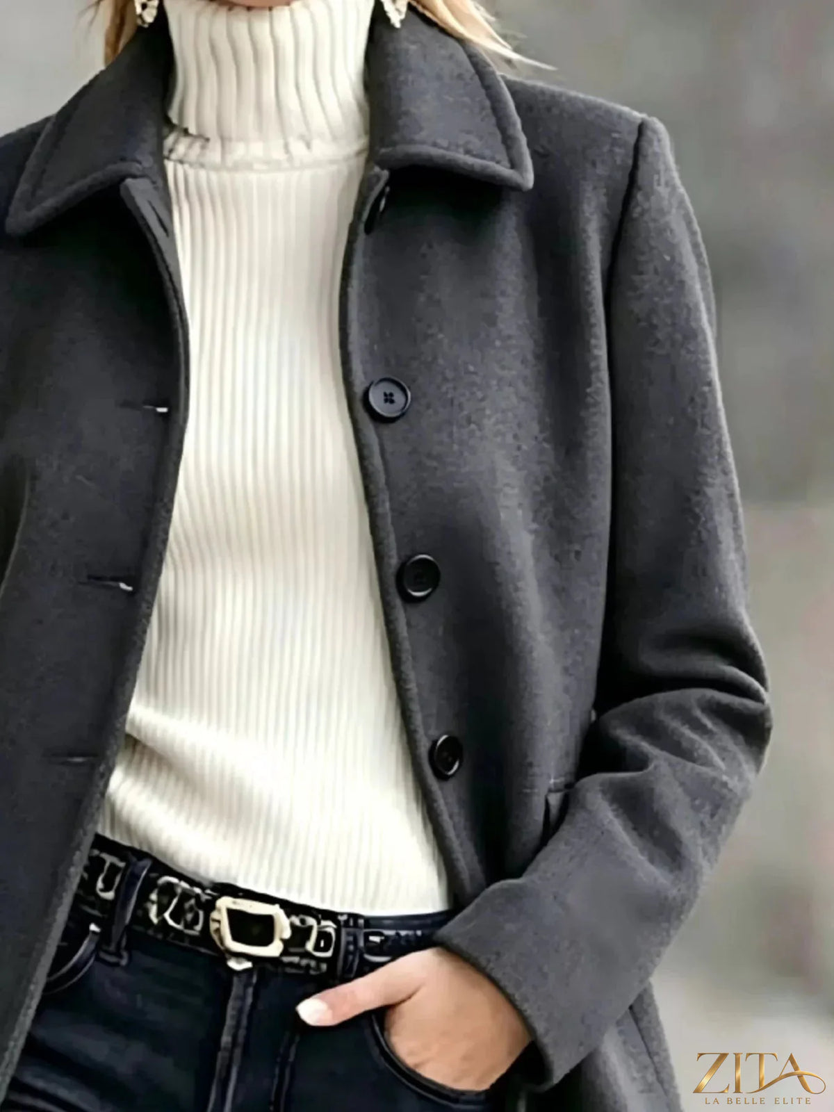 Zita La Belle Elite button-up coat with collared neck, featuring a stylish design and front button closure, shown in a high-quality image.