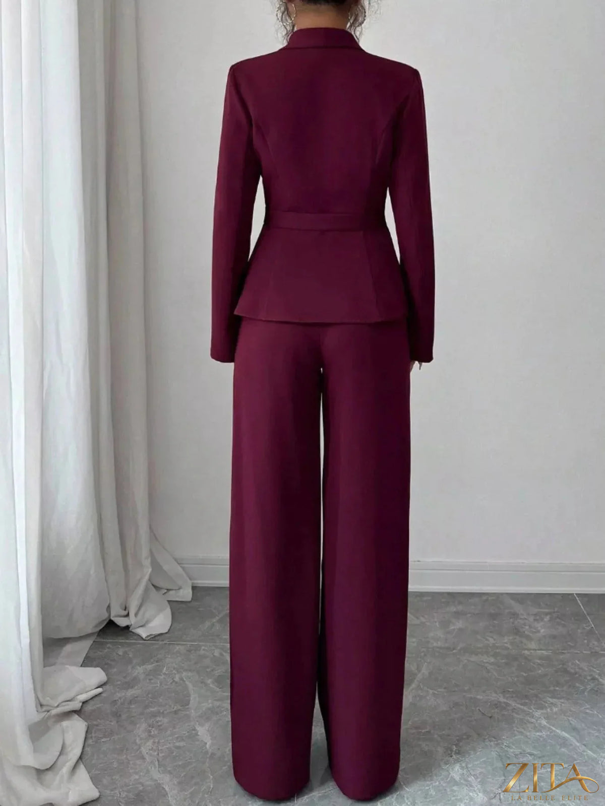Zita La Belle Elite one button blazer and matching pants set, tailored fit, in elegant fabric, front view.