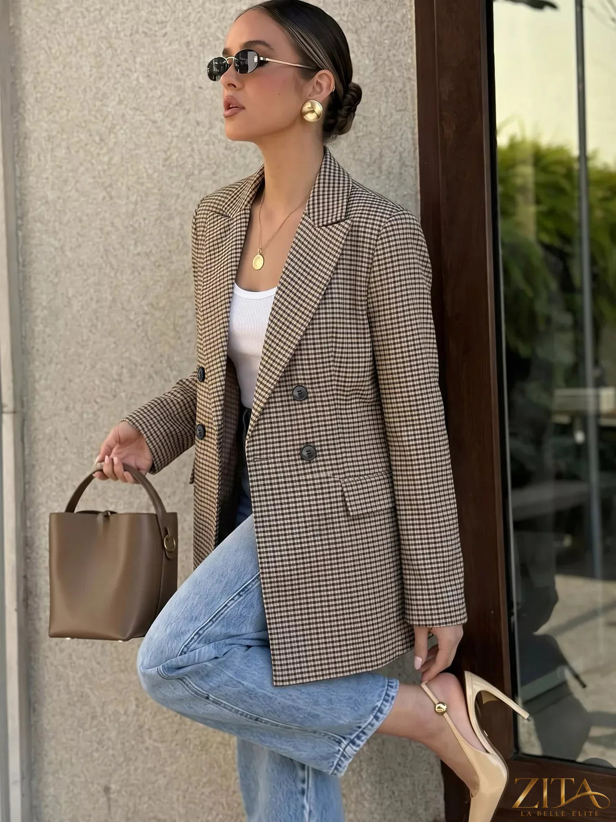 Zita La Belle Elite plaid blazer with lapel collar, double-breasted front, stylish tailored blazer for women.