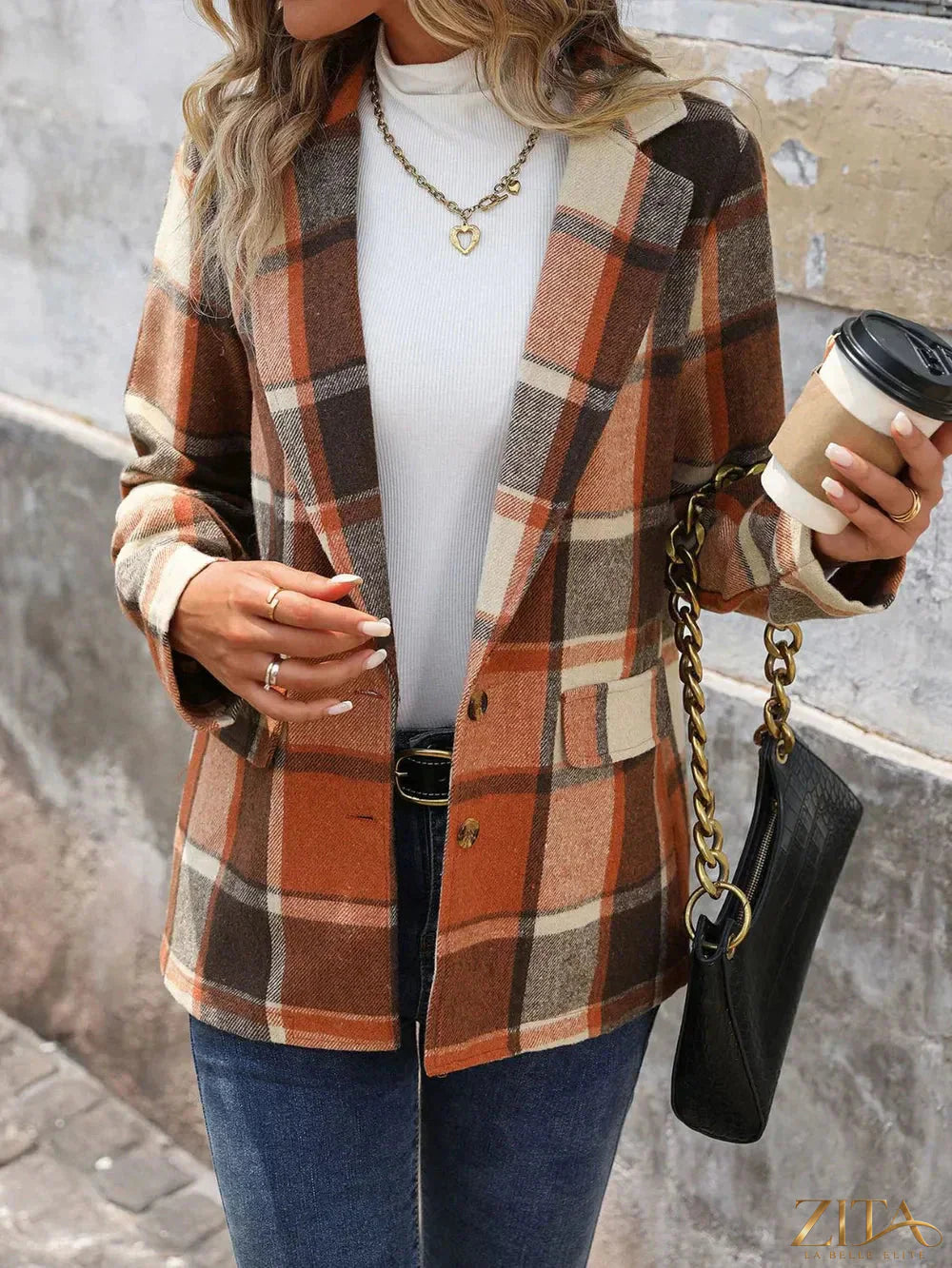 Zita La Belle Elite Perfee plaid button-down blazer with lapel collar, featuring a stylish checkered pattern and tailored fit.
