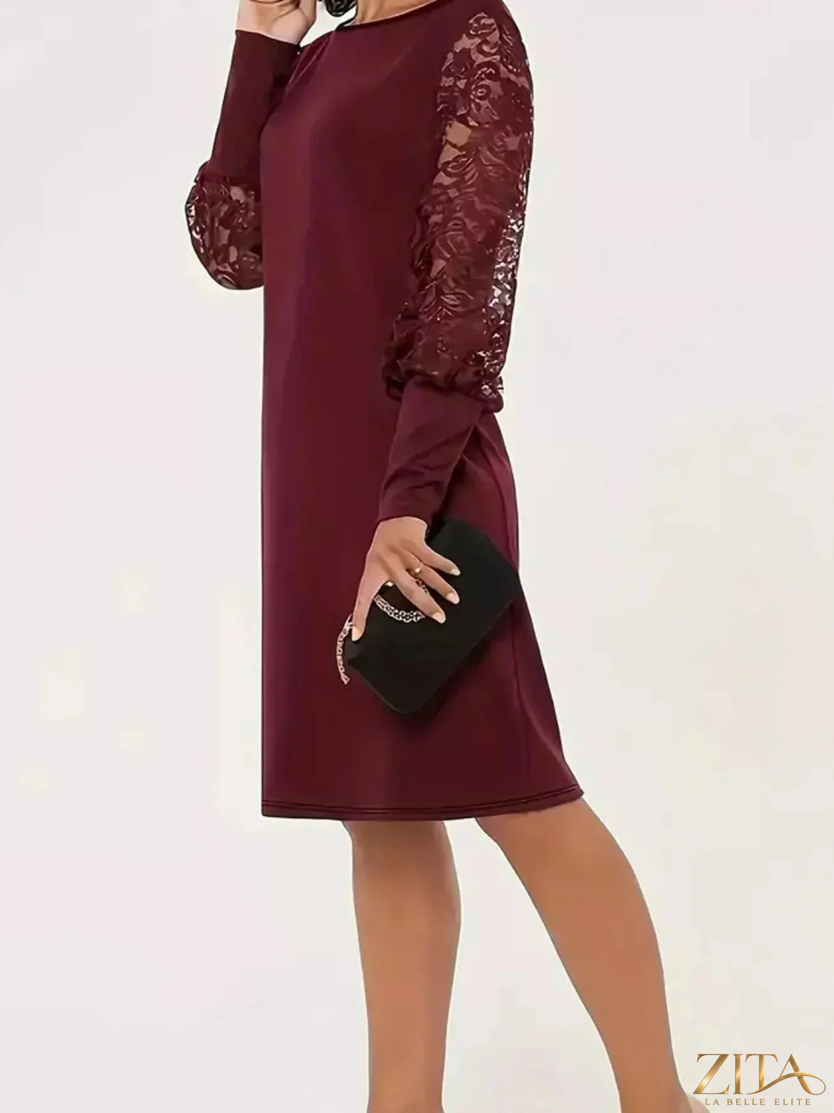 Lace lantern sleeve dress by Trendsi featuring intricate lace details and a flowing silhouette, suitable for elegant occasions.