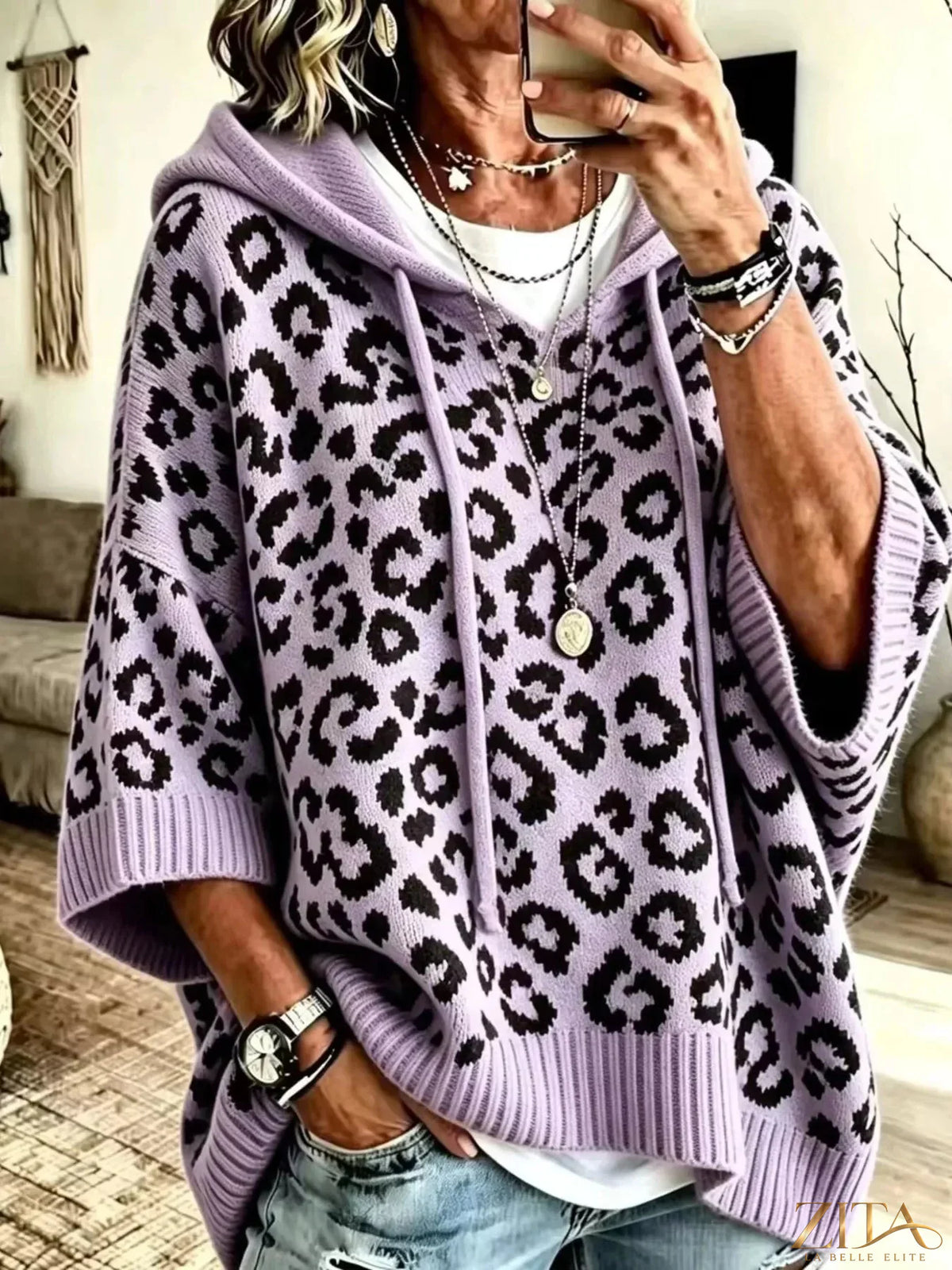 Zita La Belle Elite leopard print hooded sweater with drawstring, cozy long-sleeve design and stylish pattern.