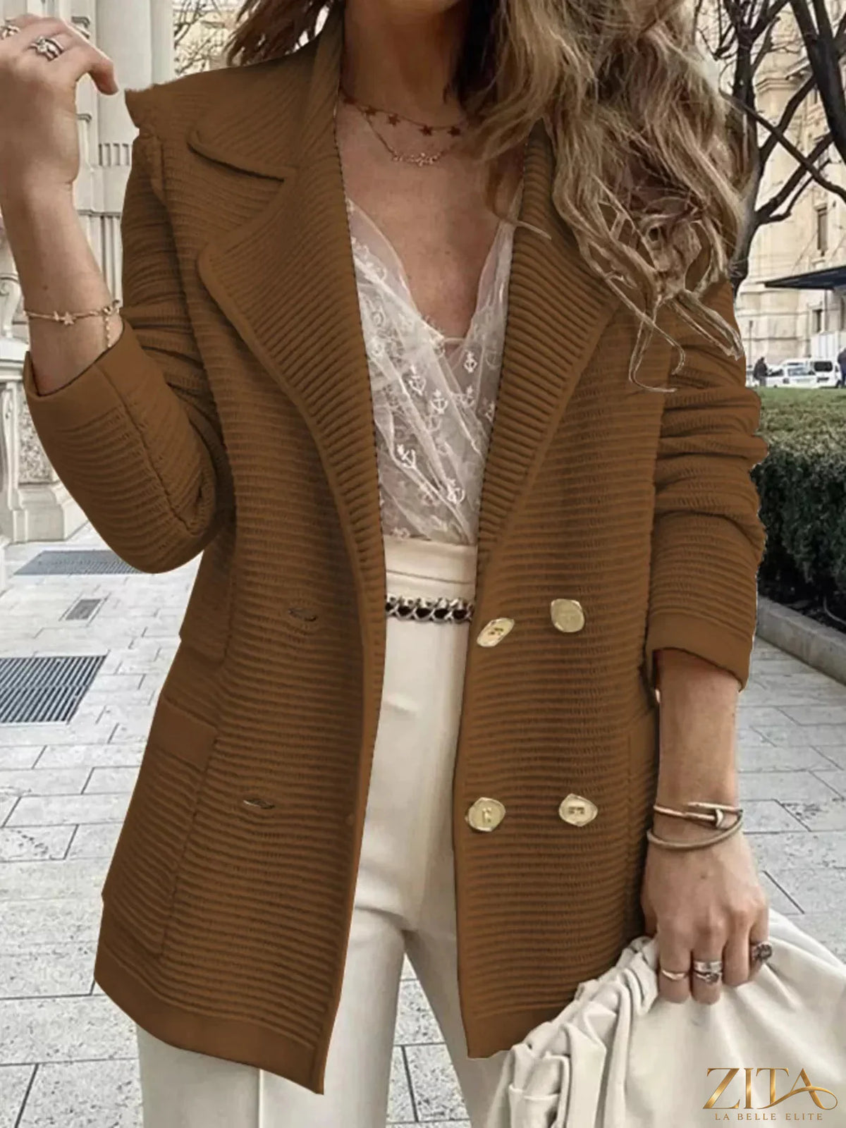 Zita La Belle Elite texture knit double-breasted blazer with lapel collar and tailored fit, shown on a mannequin.