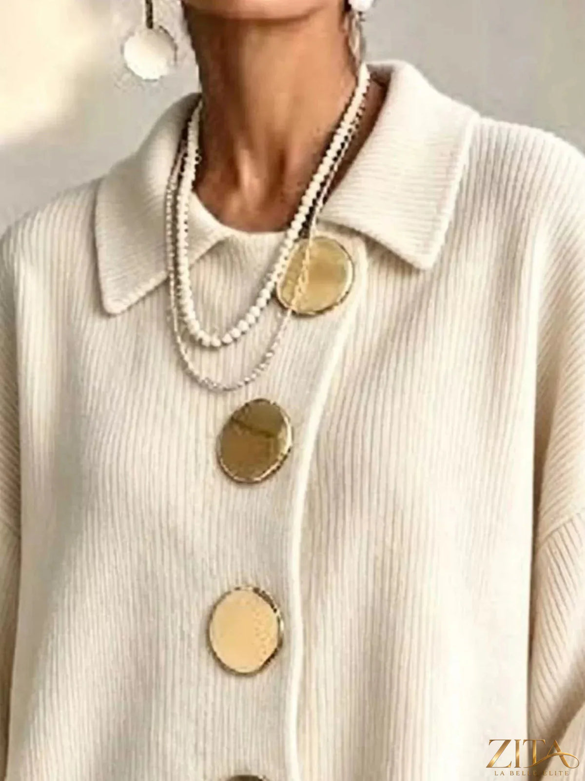 Plus size ribbed knit cardigan with gold buttons from Zita La Belle Elite, featuring a full-size fit and cozy textured fabric.