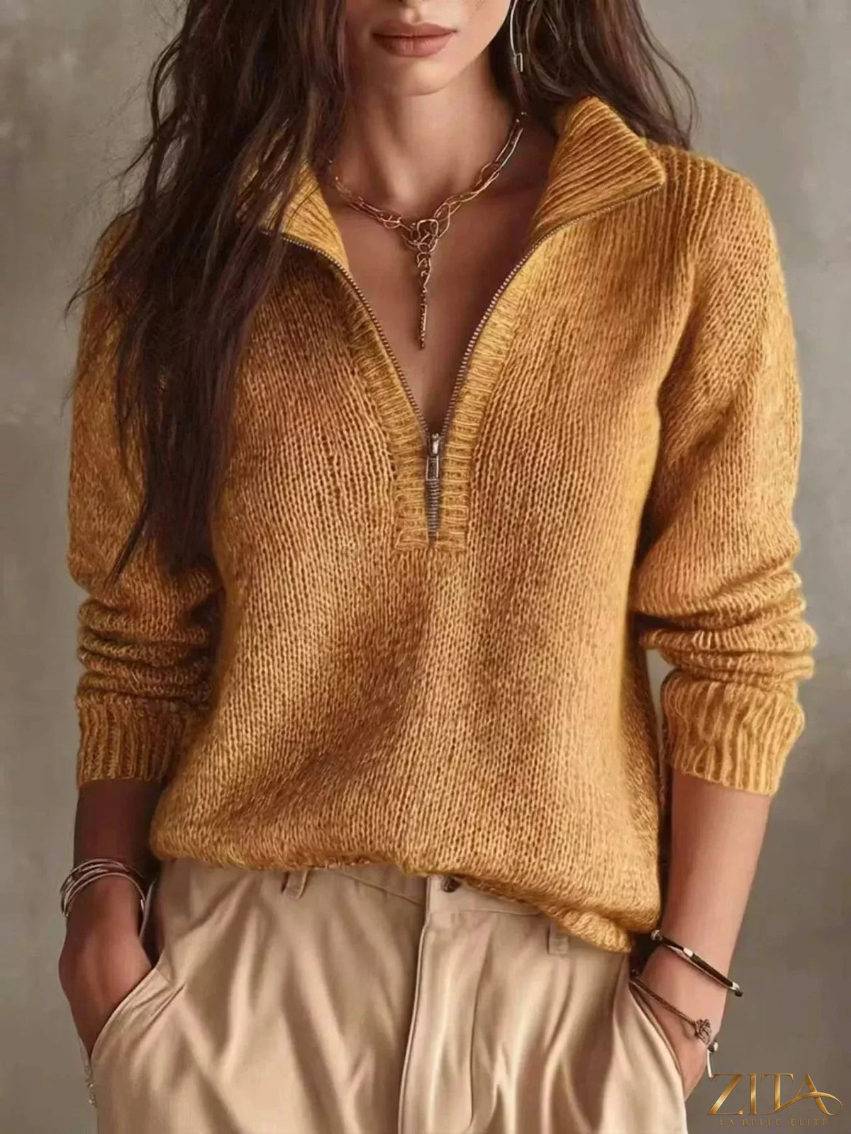 Zita La Belle Elite half zip dropped shoulder sweater in soft knit with ribbed cuffs and collar, stylish and cozy for casual wear.
