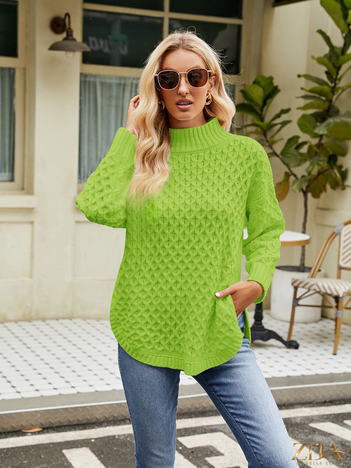 Zita La Belle Elite mock neck slit sweater in soft knit fabric, featuring a stylish slit detail at the side.