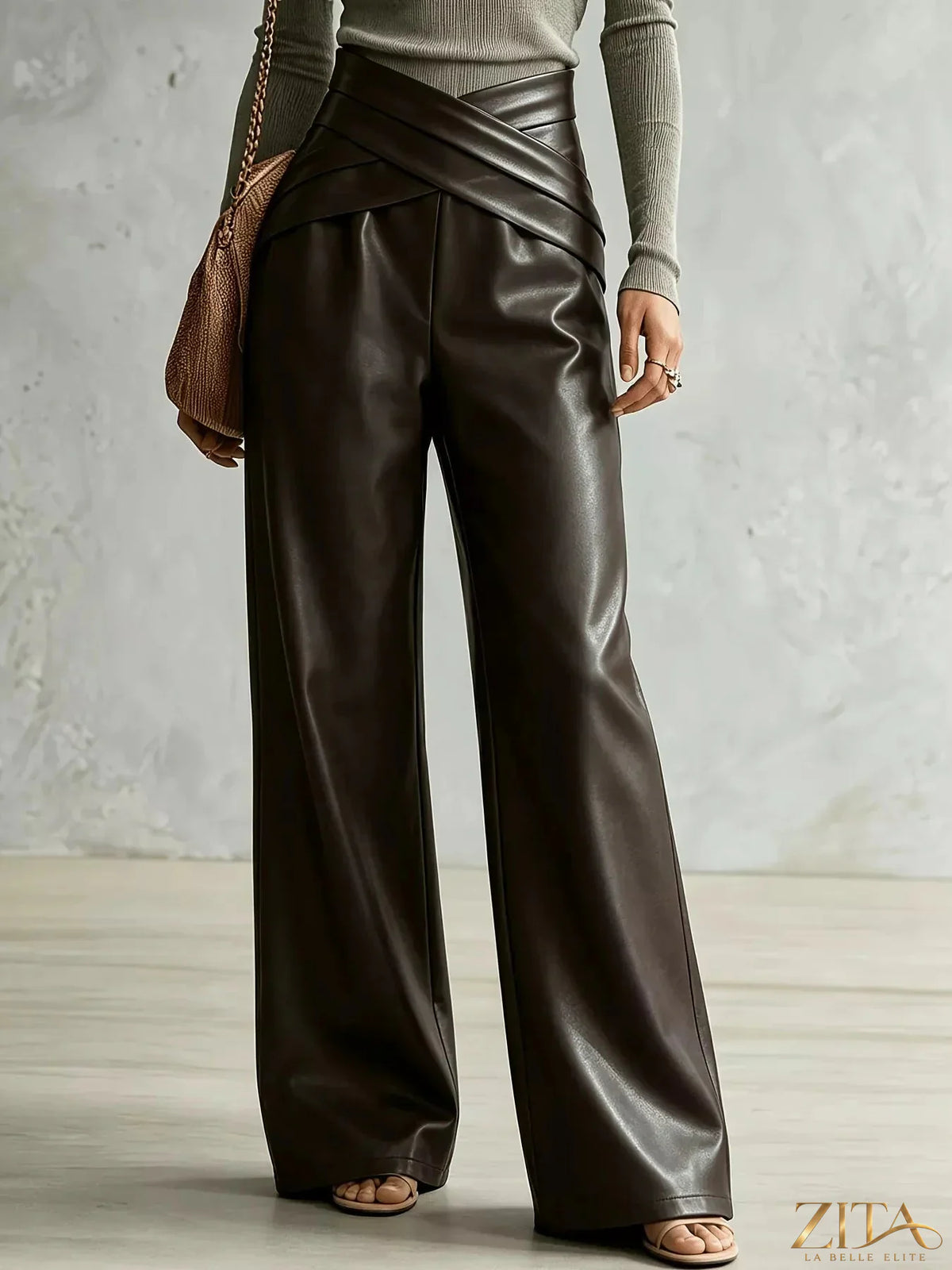 Zita La Belle Elite criss-cross wide-leg pants in soft fabric, featuring a high waist and flowing silhouette.