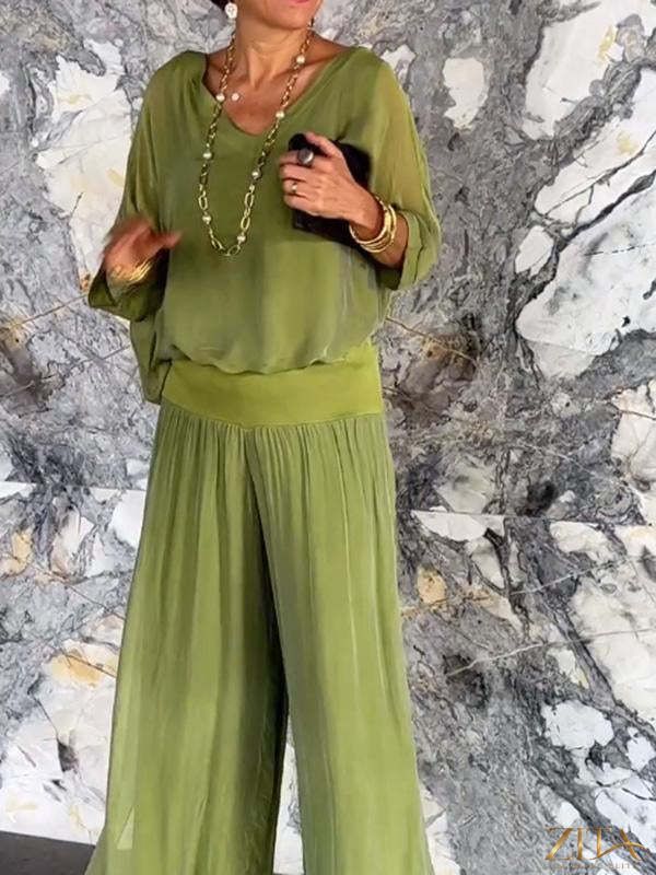 Zita La Belle Elite solid-color chiffon two-piece casualwear set in various colors, featuring a relaxed fit and stylish design.