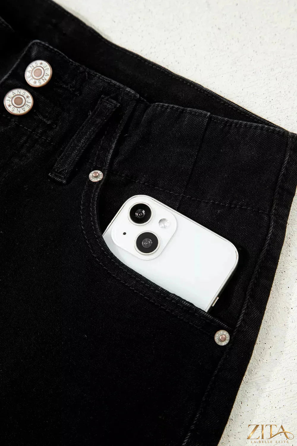 Zita La Belle Elite 2-button high waist flared bottom jeans, blue denim with a fitted waist and wide flared legs.