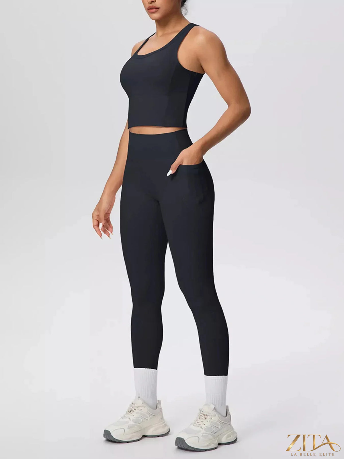 Zita La Belle Elite scoop neck tank top and high-waisted leggings active set, black, casual athletic wear for women.