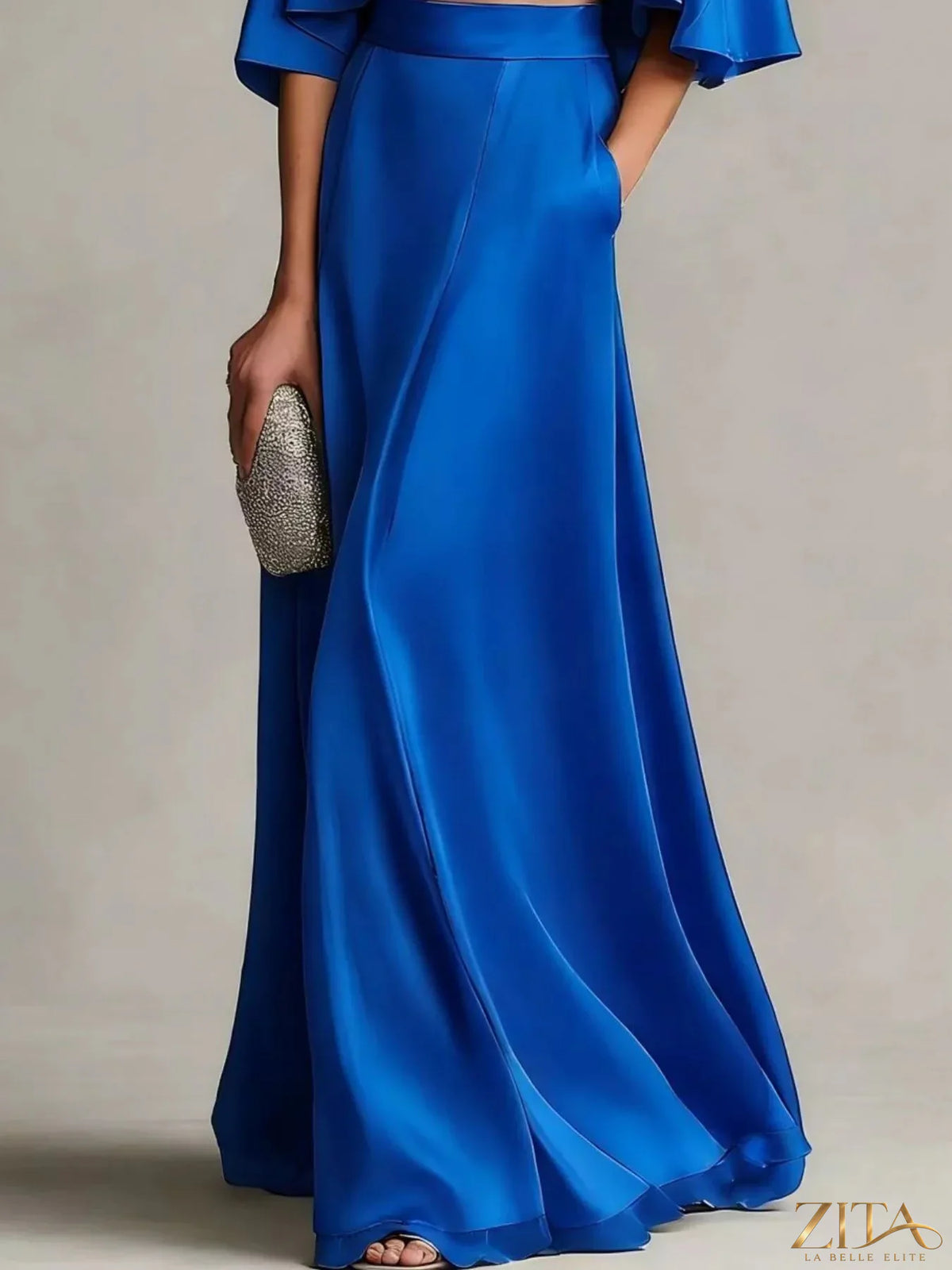 Plus size satin crop top and maxi skirt set by Zita La Belle Elite, featuring a stylish two-piece outfit with smooth satin fabric.
