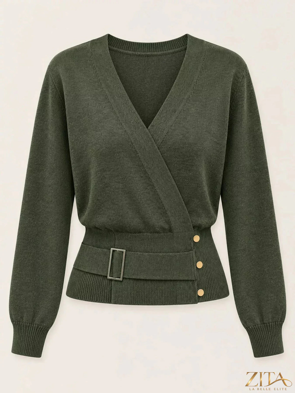Zita La Belle Elite surplice long sleeve knit top with elastic waist in a stylish, fitted design, shown on a model.