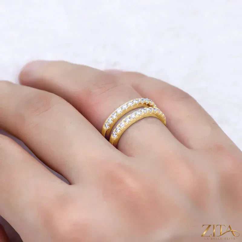 925 Sterling Silver Moissanite double layered ring with sparkling stones, elegant jewelry design by Zita La Belle Elite