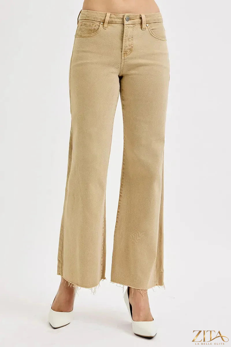Zita La Belle Elite RISEN full size raw hem wide leg jeans in plus size, showing the denim fabric and raw hem detail.