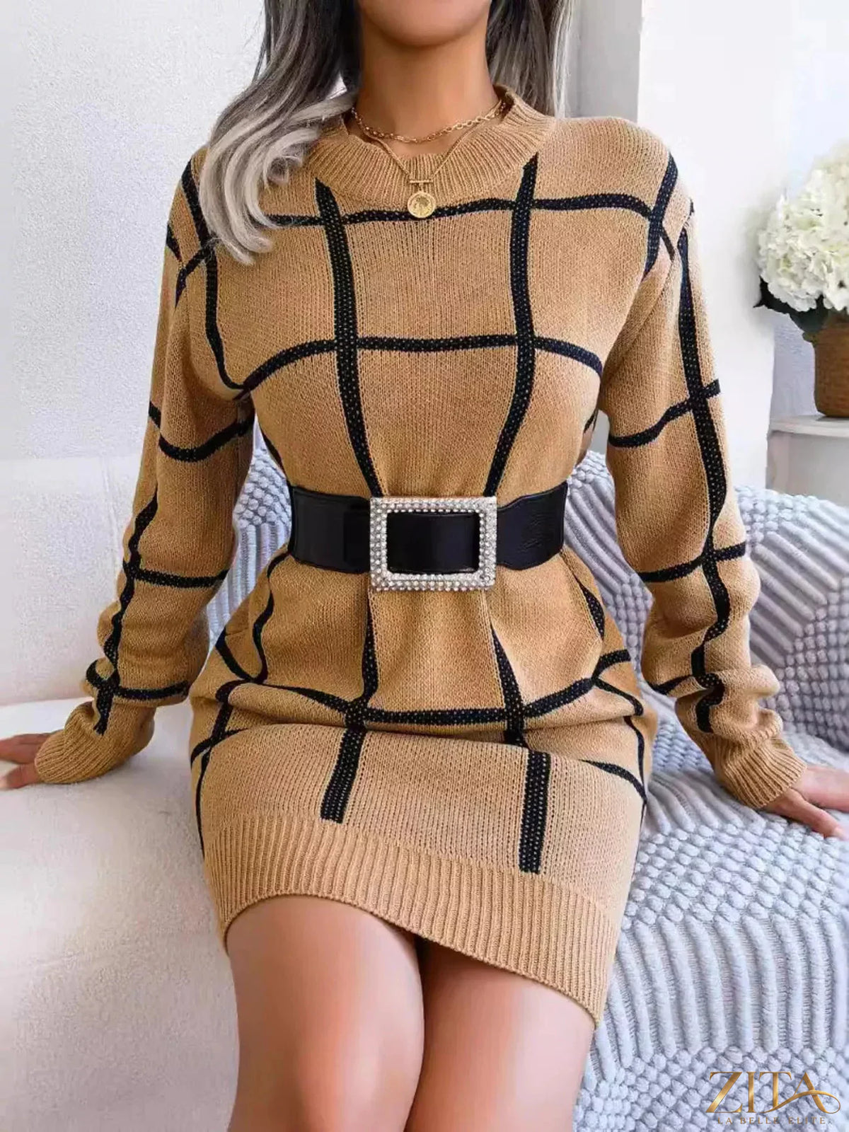 Zita La Belle Elite plaid pattern long sleeve sweater dress featuring a cozy, stylish design with a classic plaid print and fitted silhouette.