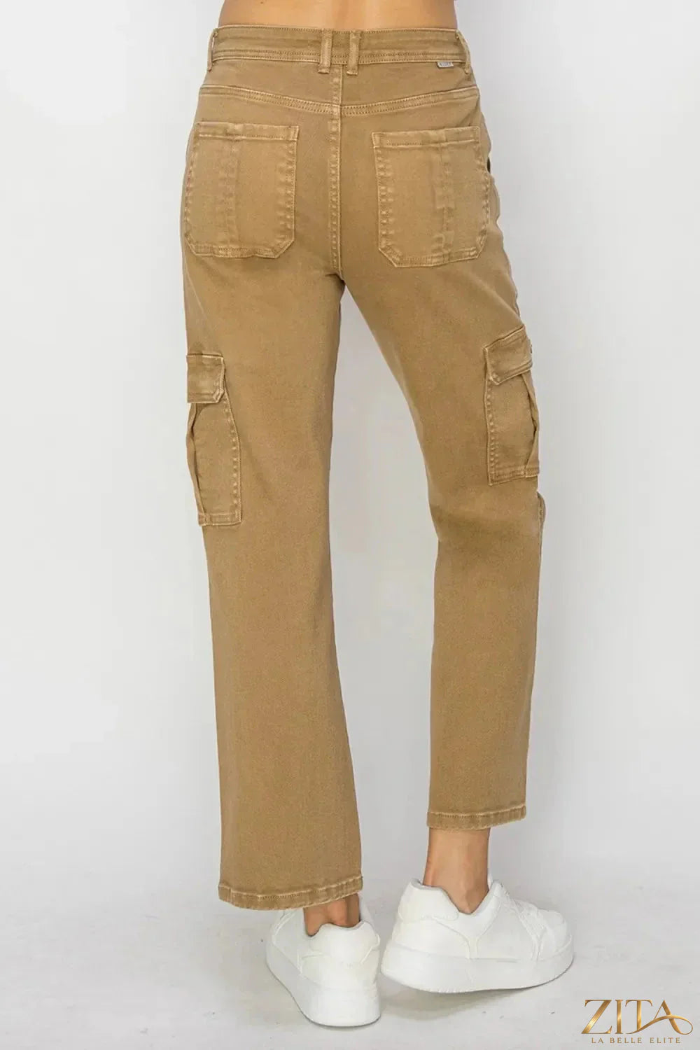Zita La Belle Elite Risen full size high-rise cargo jeans with multiple pockets and relaxed fit displayed on a model.