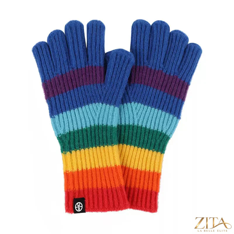 Rainbow striped knitted gloves by Zita La Belle Elite, close-up of colorful, cozy winter gloves showing rainbow pattern and knit texture.