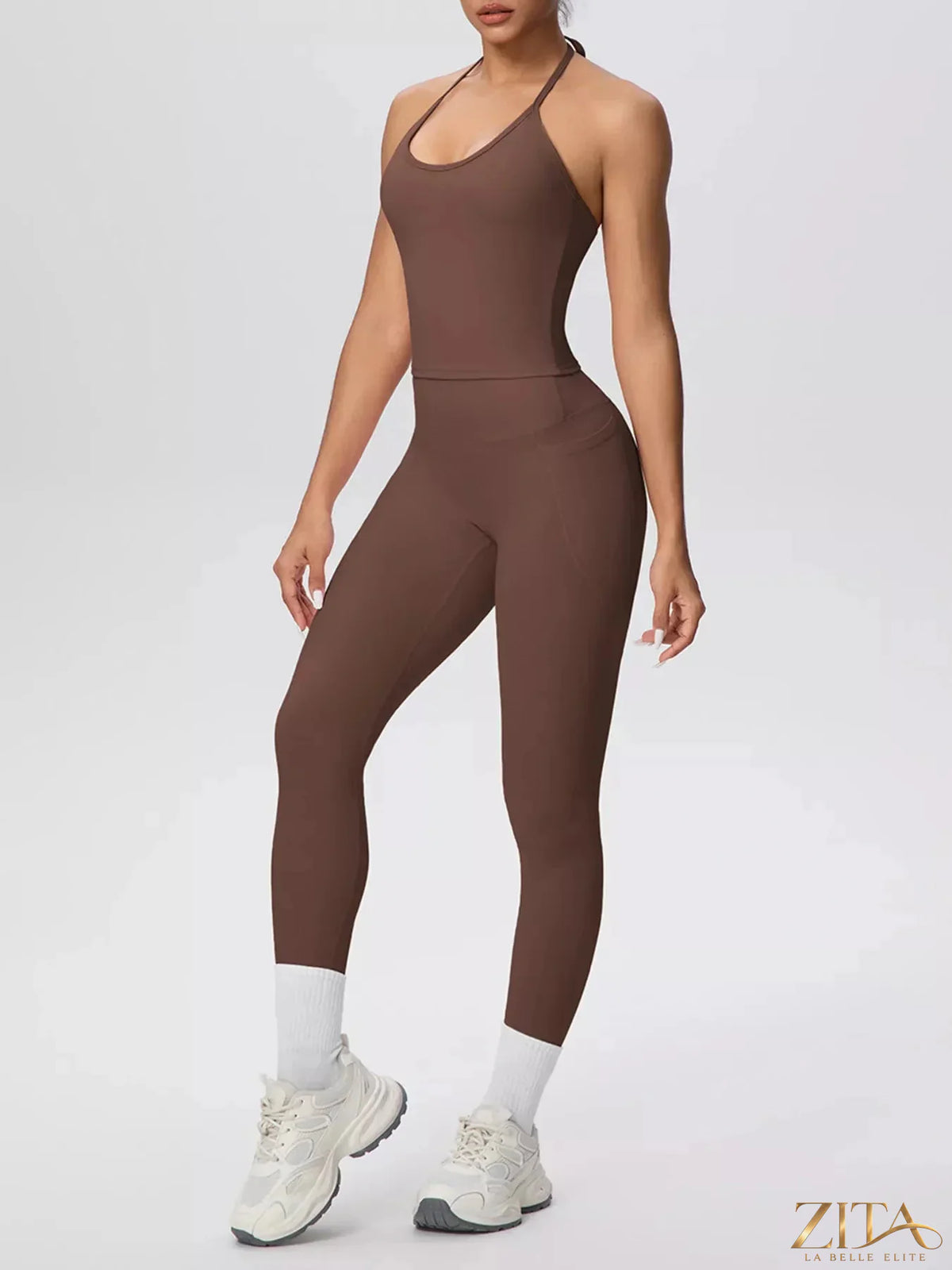 Zita La Belle Elite halter neck cami and high-waisted leggings active set, black, stretchy workout outfit for women.